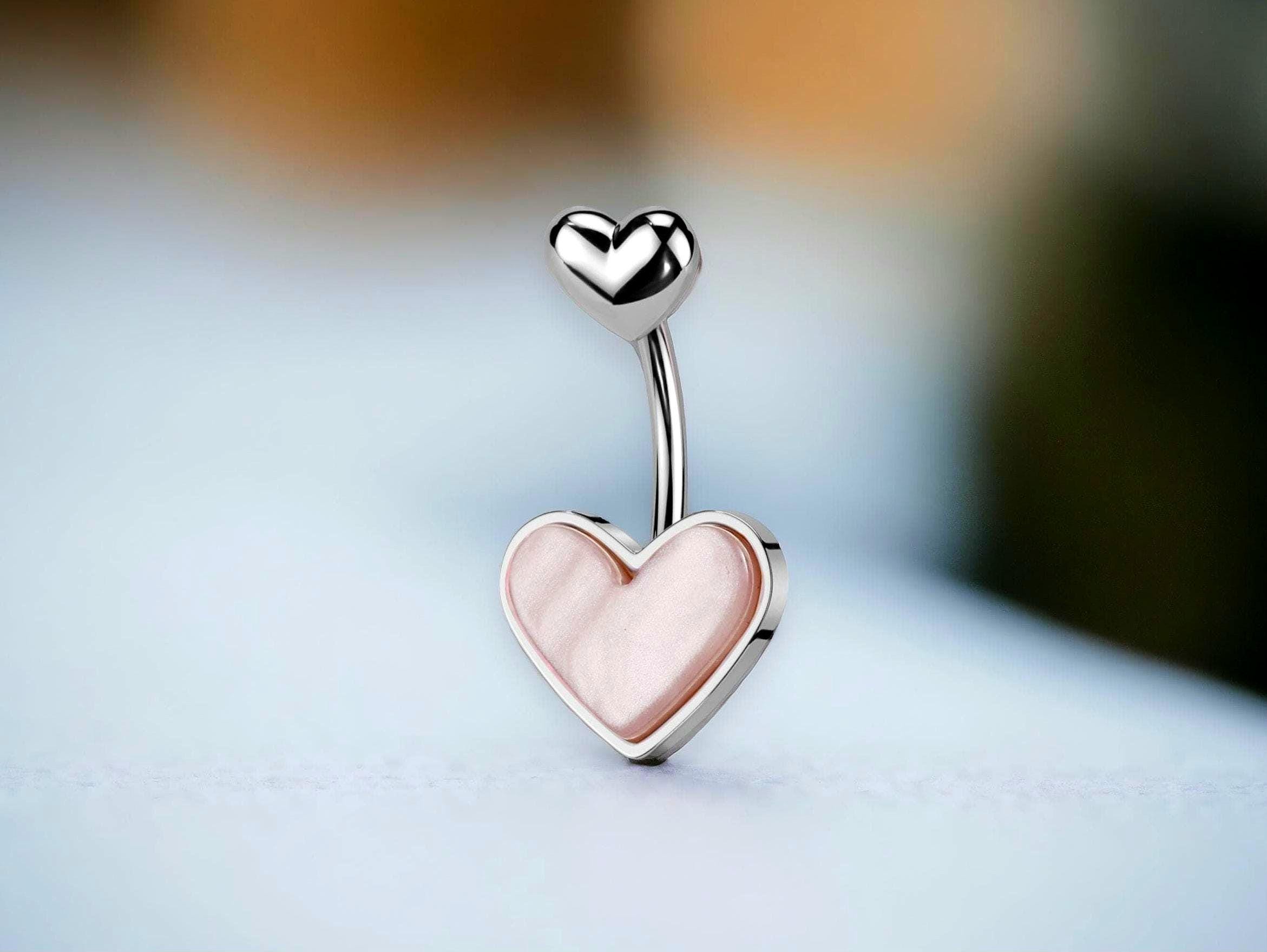 14g Silver Heart Belly Button Ring, Mother of Pearl Heart Navel Piercing, Simple Silver Belly Ring