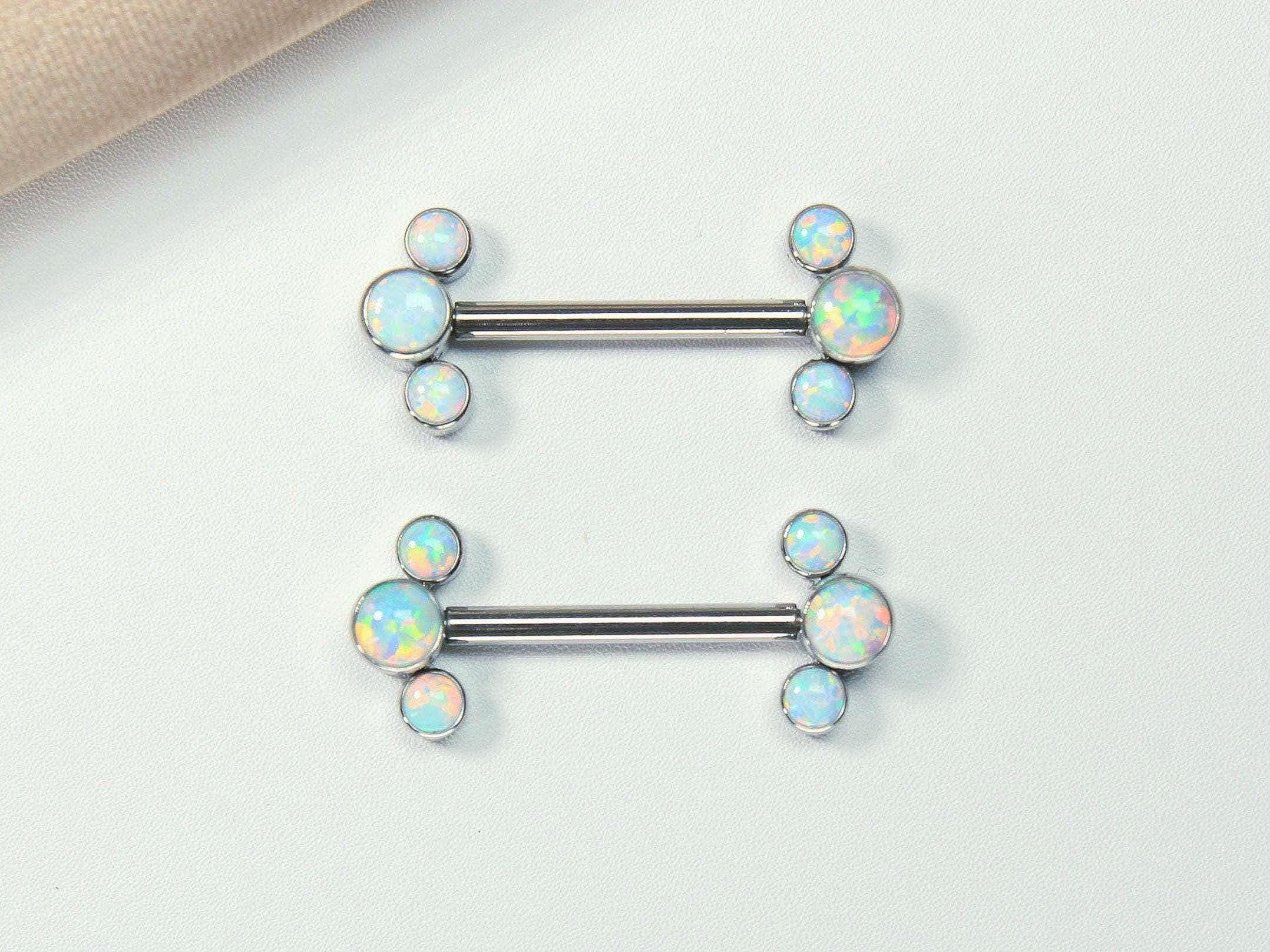 Opal Titanium Nipple Barbell, 14G White Opal Nipple Ring Piercing, Opal Body Jewelry, Titanium Nipple Jewelry