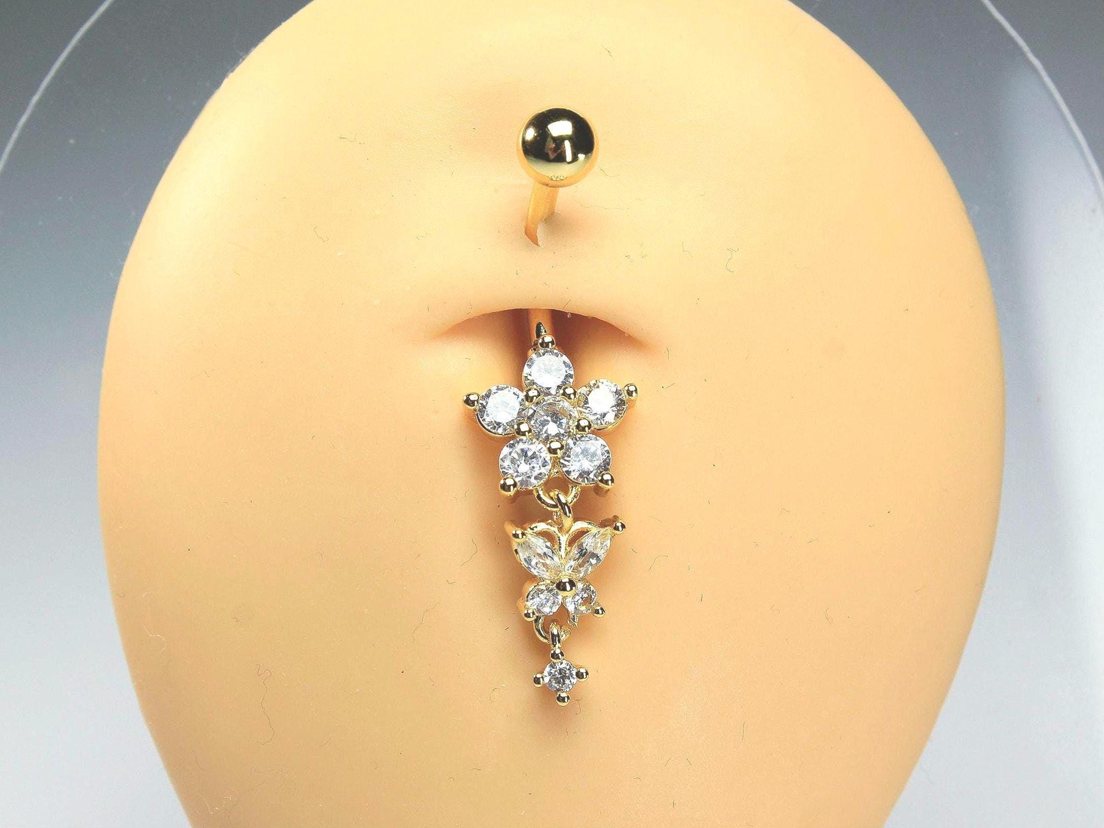 Gold Floral Belly Button Ring, 14G Dainty Butterfly Dangling Sparkling Gem Navel Piercing Jewelry, Belly Ring, Curved Navel Bar