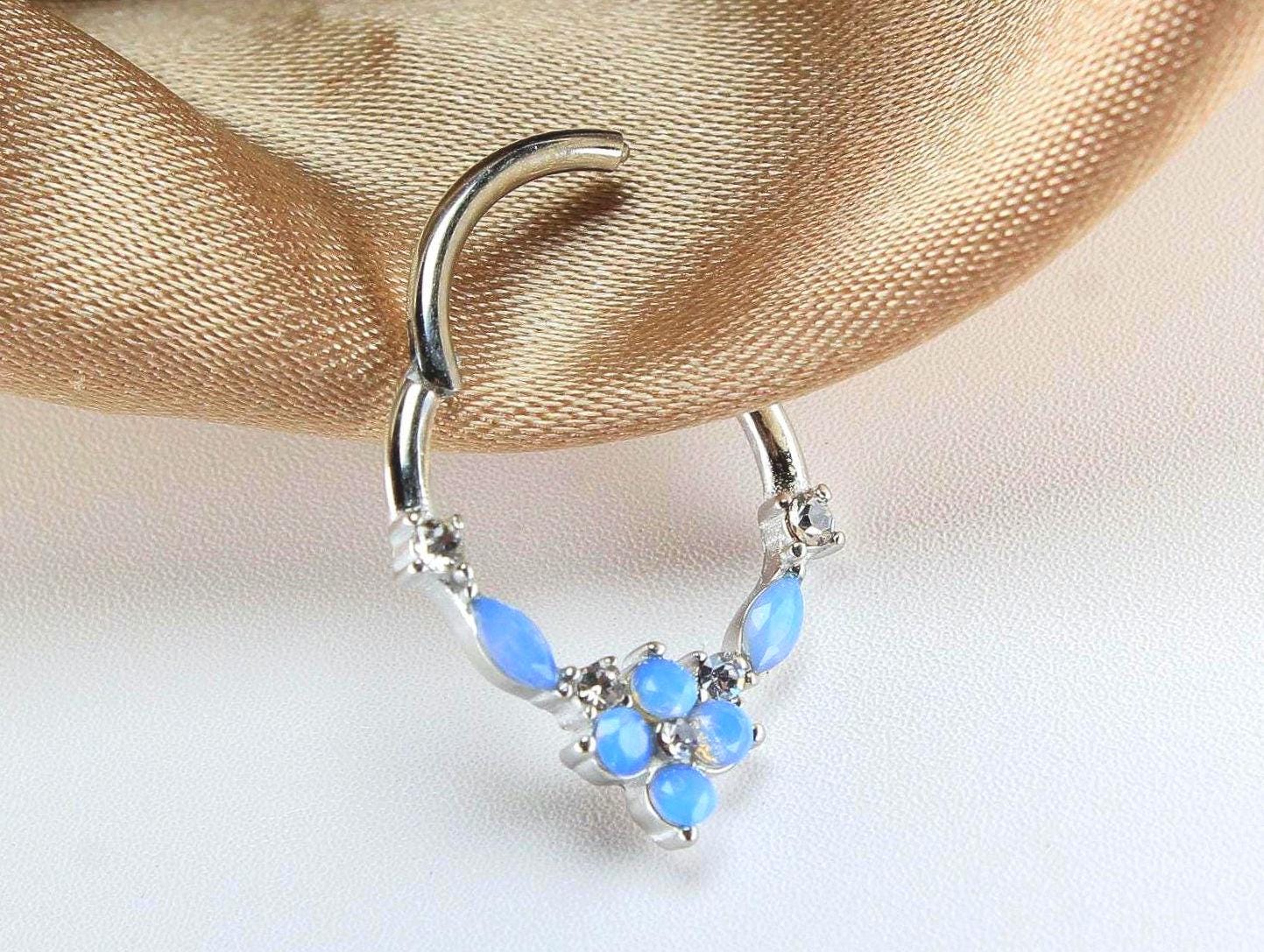 16g 14g Blue Opal Floral Septum Ring, Beautiful Hinged Clicker Hoop, Floral Nose Septum Piercing Jewelry