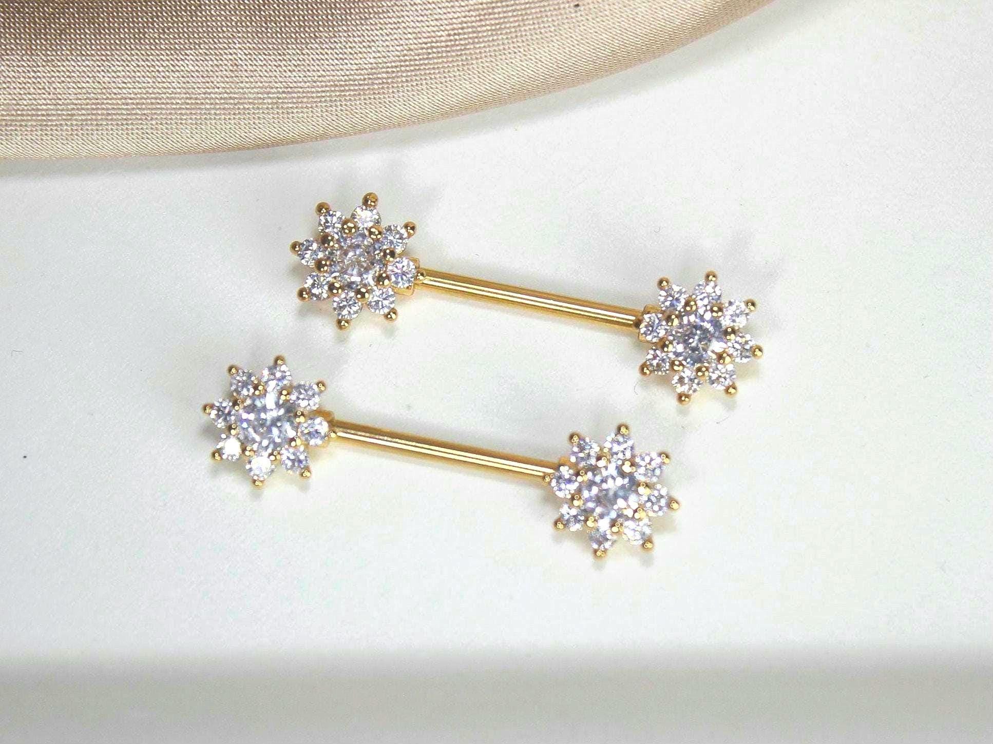 Gold Flower Nipple Ring, 14g Sparkle Gem Floral Design Nipple Piercing Barbell, Cz Nipple Jewelry