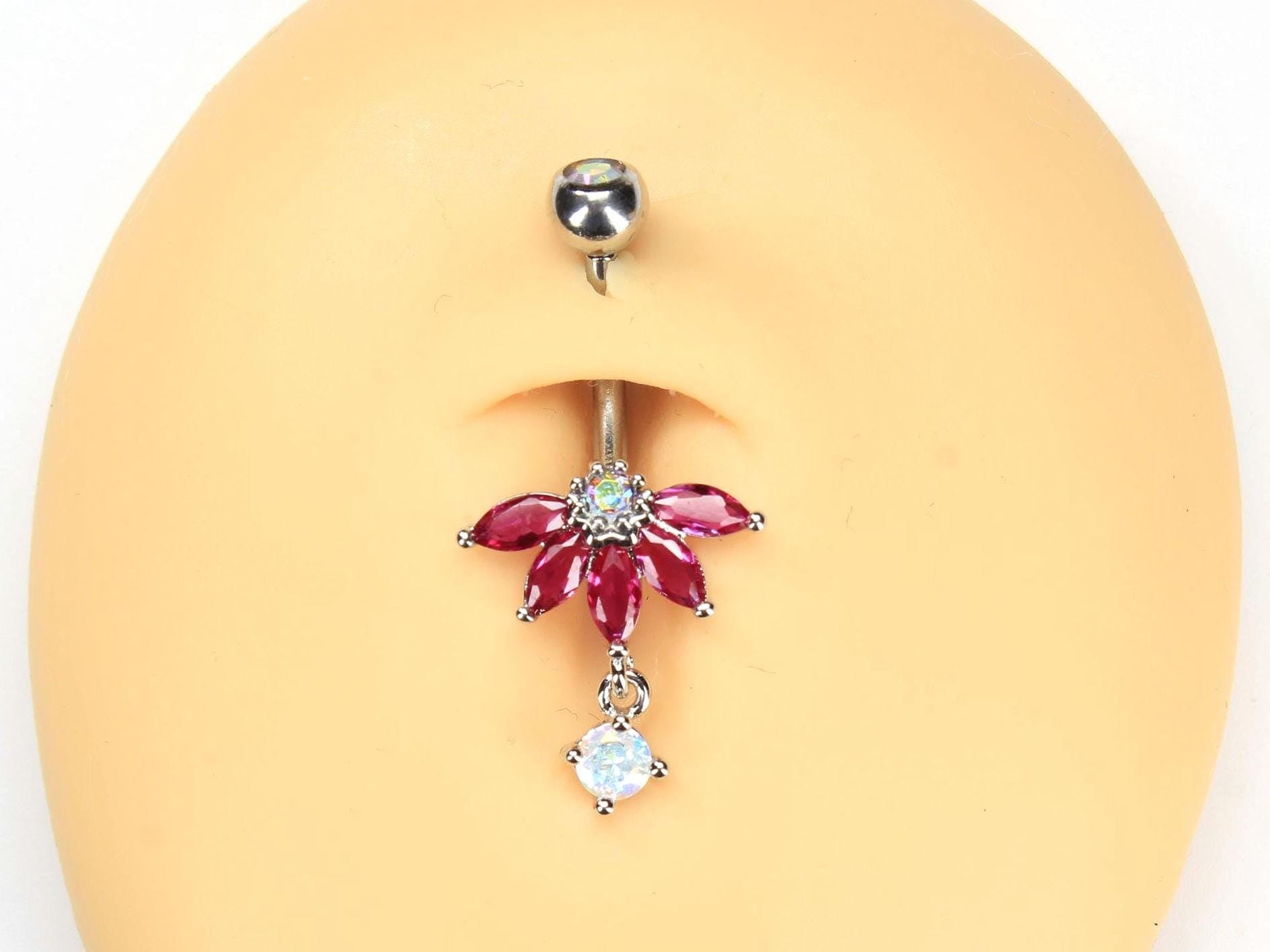Pink Floral Belly Button Ring with Dangling Opal Gem. 14g Cute Pink Flower Petal Marquise Belly Ring, Navel Piercing Jewelry