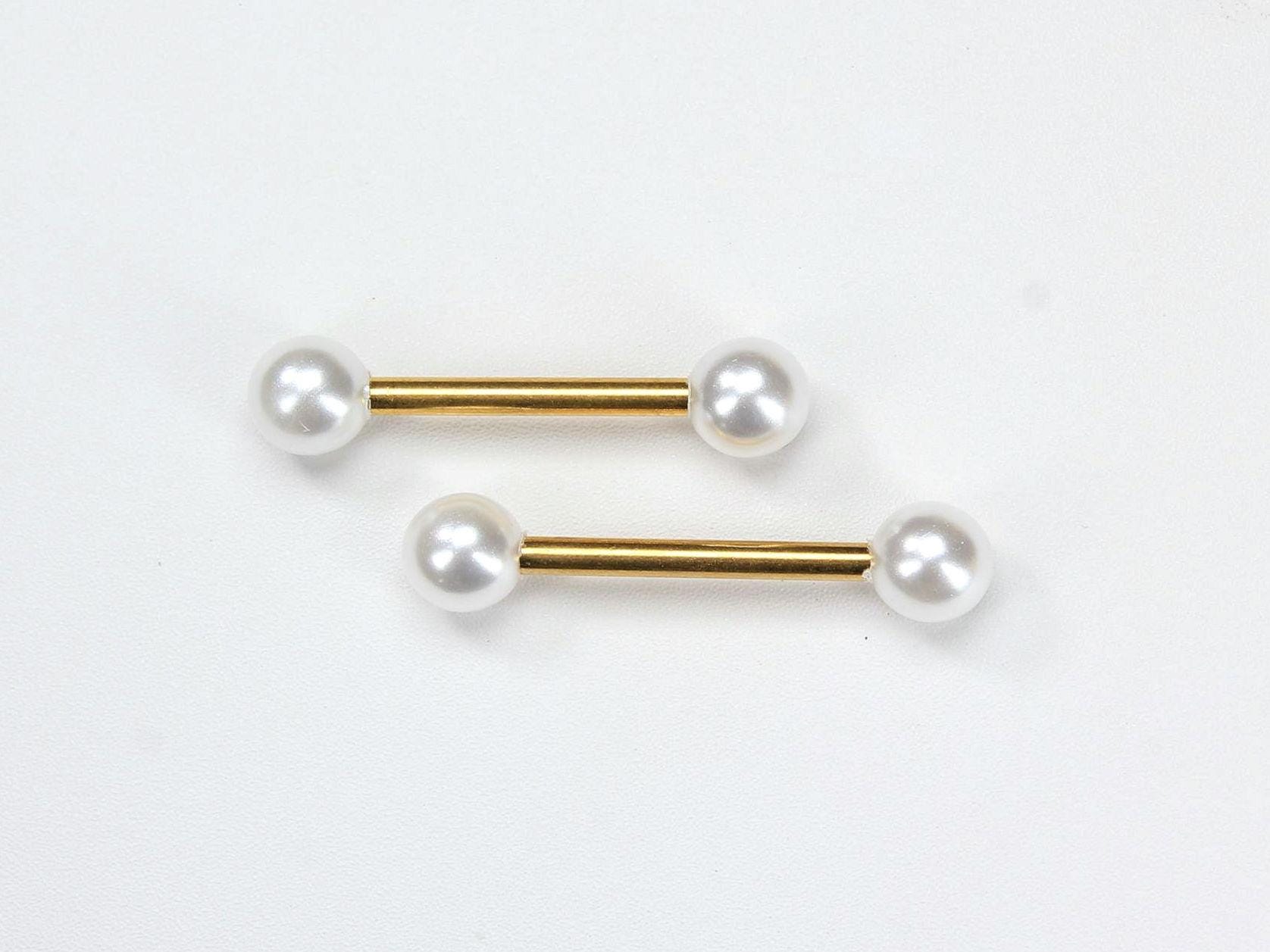 White Pearl End Nipple Ring, 14g Gold Nipple Barbell, Dainty Pearl Nipple Piercing Jewelry