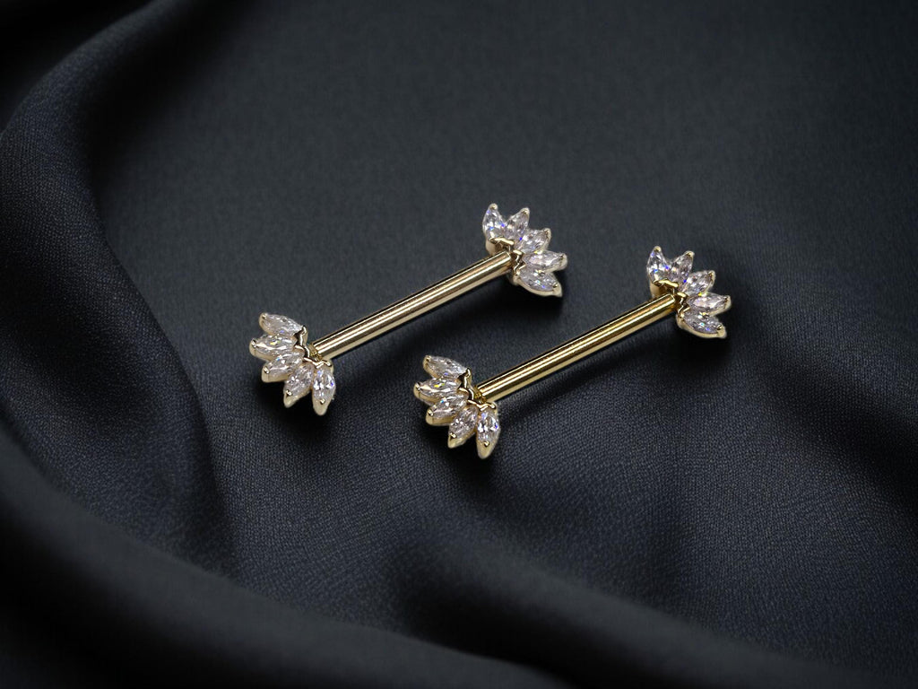 14k Solid Gold Floral Nipple Ring Pair, Internally Threaded Push Pin Flower Marquise Cut Gem Nipple Piercing Barbell, Nipple Jewelry
