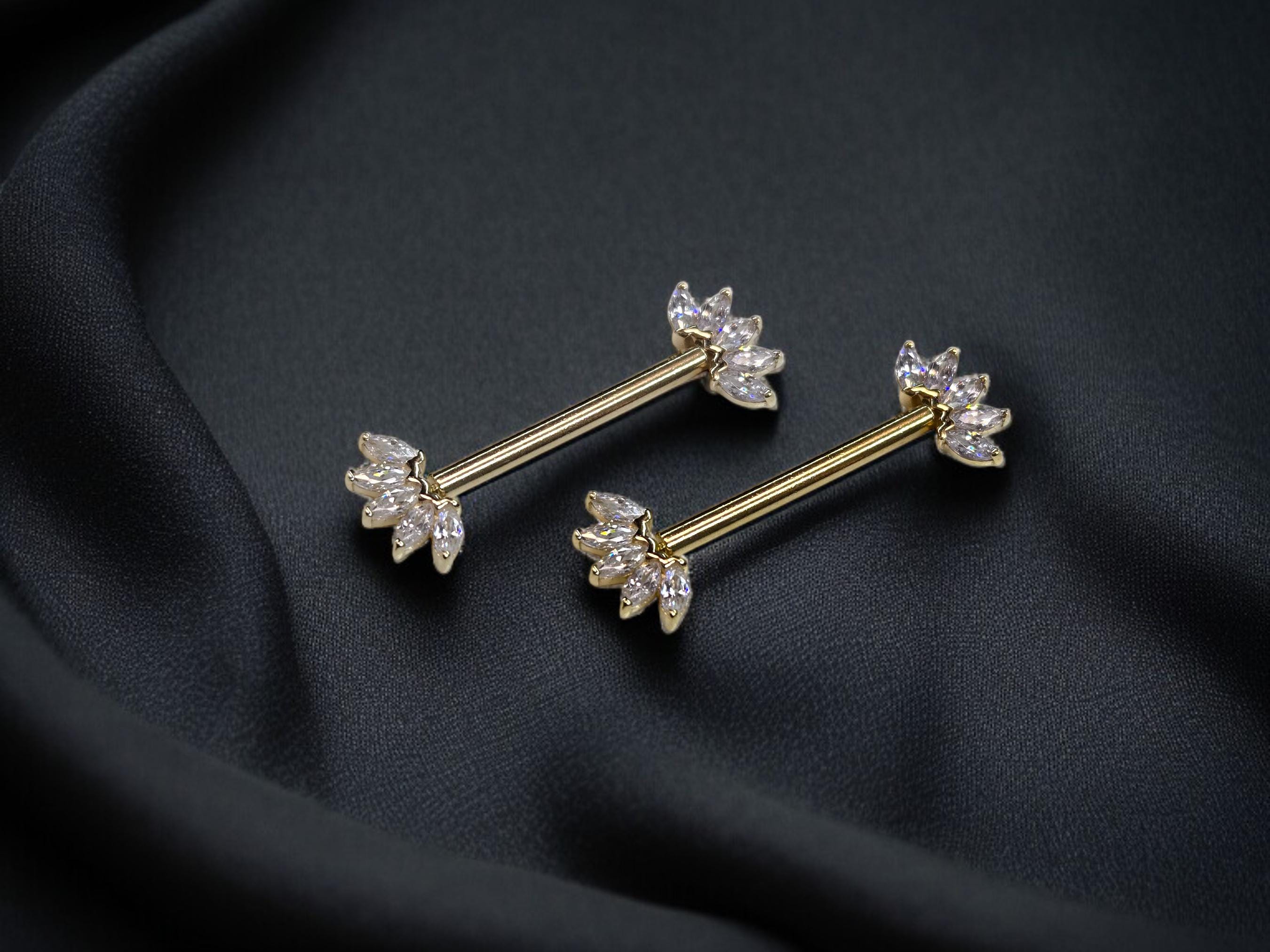 14k Solid Gold Floral Nipple Ring Pair, Internally Threaded Push Pin Flower Marquise Cut Gem Nipple Piercing Barbell, Nipple Jewelry