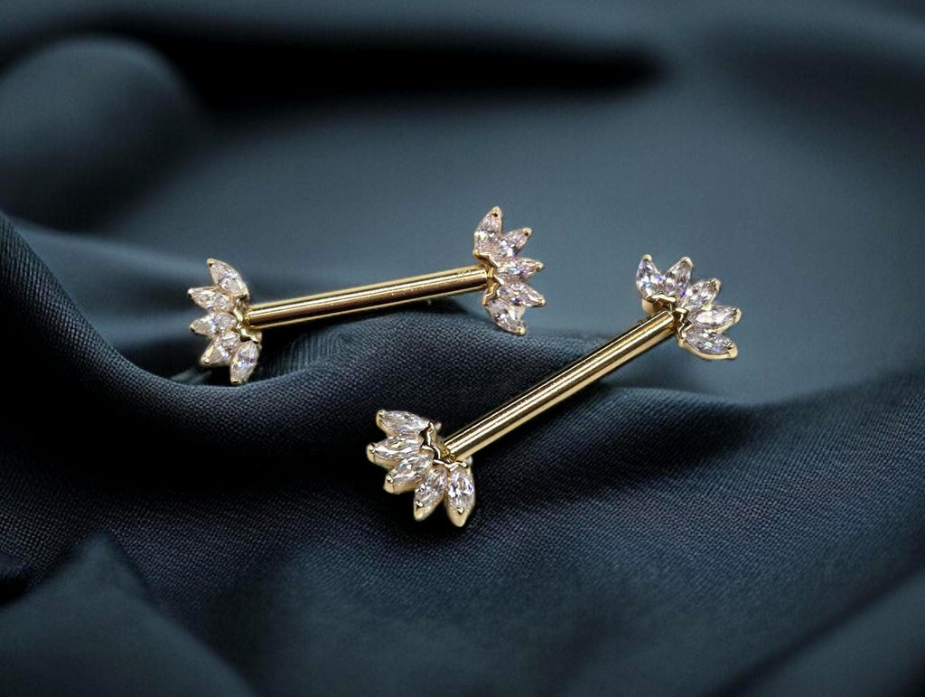14k Solid Gold Floral Nipple Ring Pair, Internally Threaded Push Pin Flower Marquise Cut Gem Nipple Piercing Barbell, Nipple Jewelry