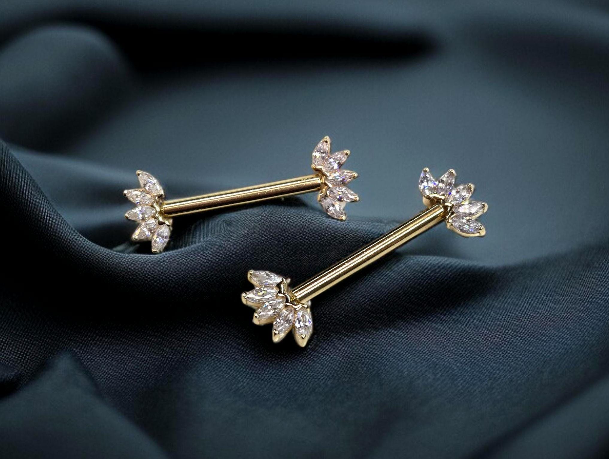 14k Solid Gold Floral Nipple Ring Pair, Internally Threaded Push Pin Flower Marquise Cut Gem Nipple Piercing Barbell, Nipple Jewelry