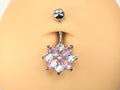 14g Pink Floral Belly Button Ring, Flower Decor Cute Pink Navel Piercing Ring, Silver Belly Ring