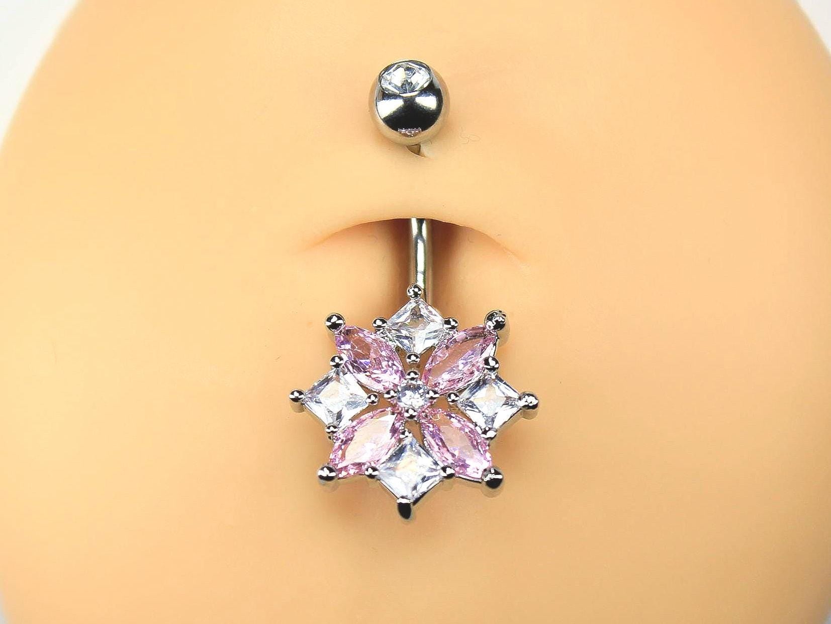 14g Pink Floral Belly Button Ring, Flower Decor Cute Pink Navel Piercing Ring, Silver Belly Ring
