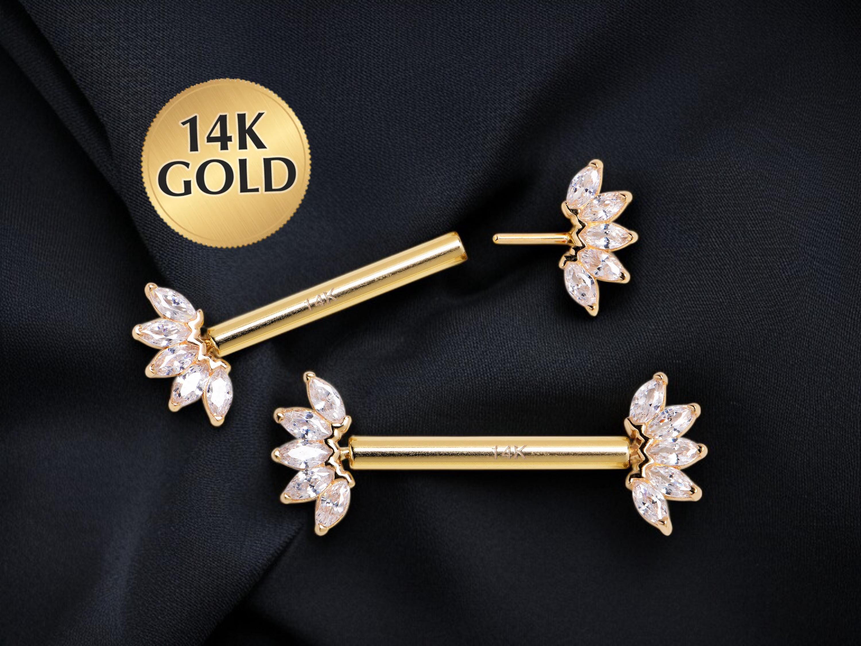 14k Solid Gold Floral Nipple Ring Pair, Internally Threaded Push Pin Flower Marquise Cut Gem Nipple Piercing Barbell, Nipple Jewelry