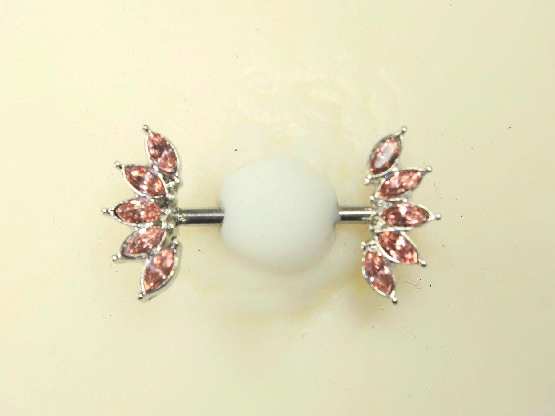 14G Pink Nipple Barbell, Floral Petal Marquise Gem Nipple Ring, Pair of Crystal Pink Nipple Piercing Sheild, Body Jewelry