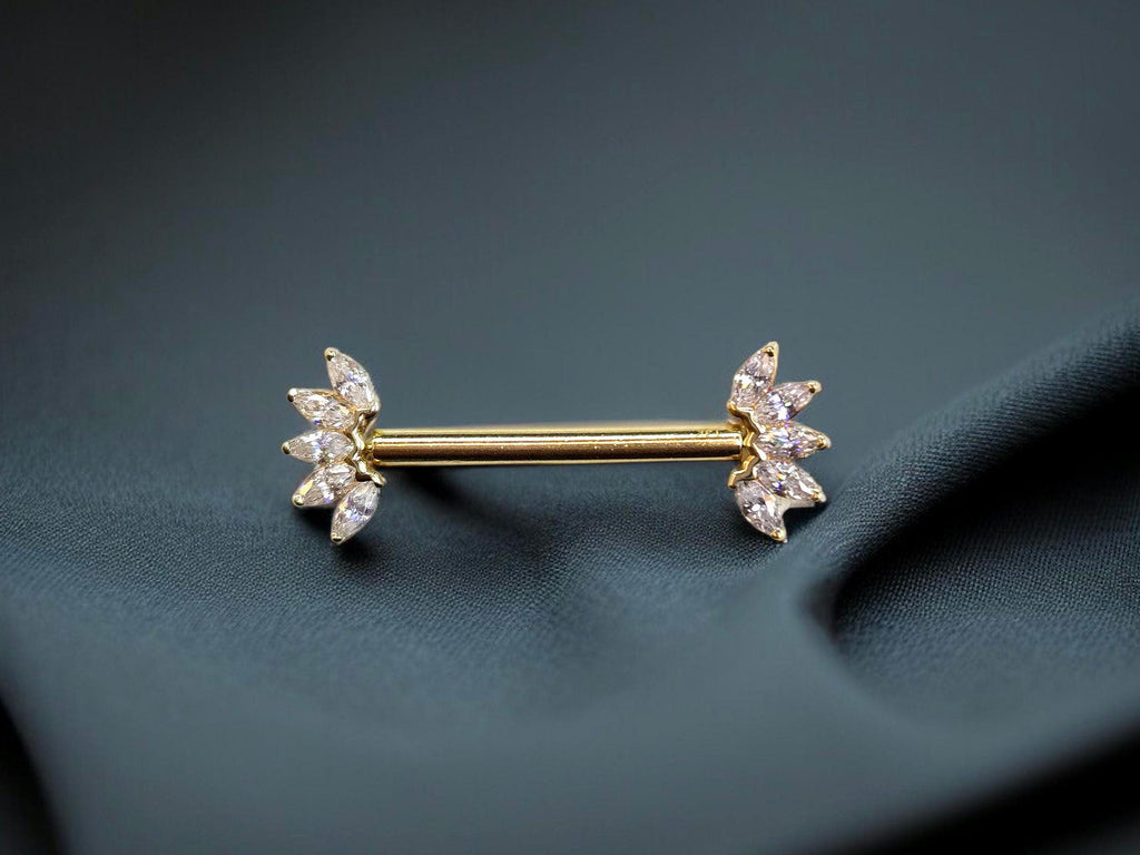 14k Solid Gold Floral Nipple Ring Pair, Internally Threaded Push Pin Flower Marquise Cut Gem Nipple Piercing Barbell, Nipple Jewelry