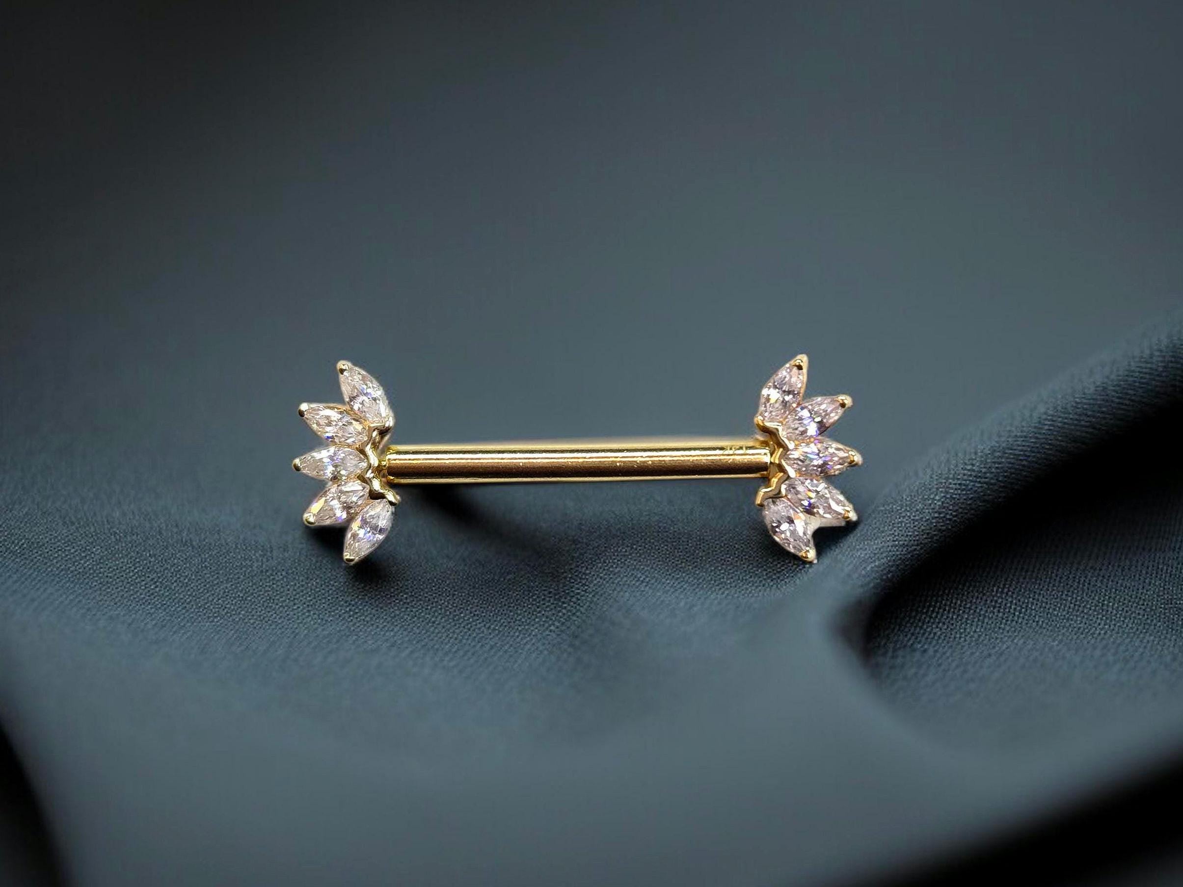 14k Solid Gold Floral Nipple Ring Pair, Internally Threaded Push Pin Flower Marquise Cut Gem Nipple Piercing Barbell, Nipple Jewelry