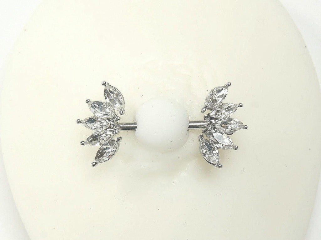 14G Silver Nipple Ring with Sparkling Marquise Crystal End, Elegant Floral Nipple Piercing Jewelry