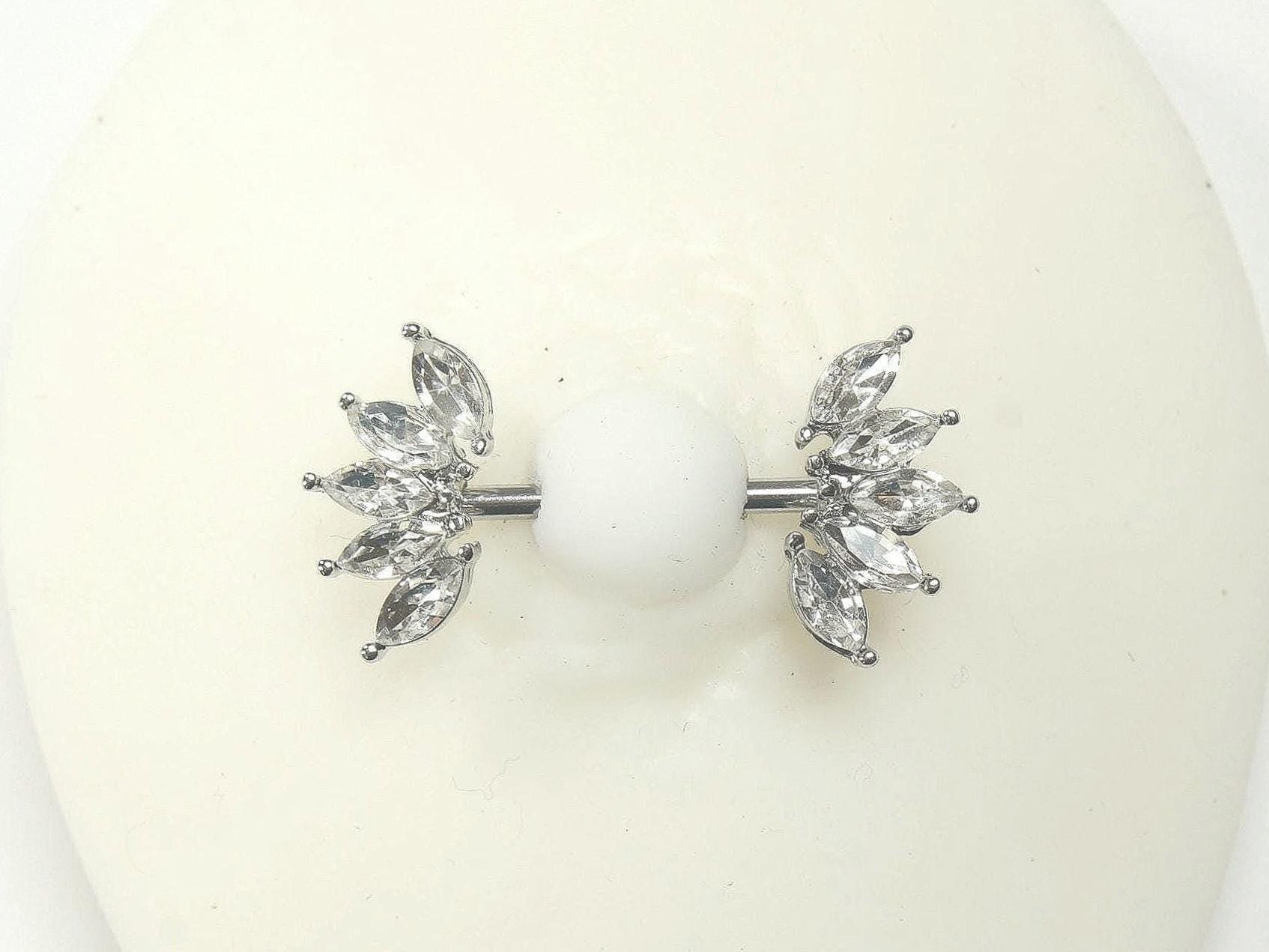 14G Silver Nipple Ring with Sparkling Marquise Crystal End, Elegant Floral Nipple Piercing Jewelry