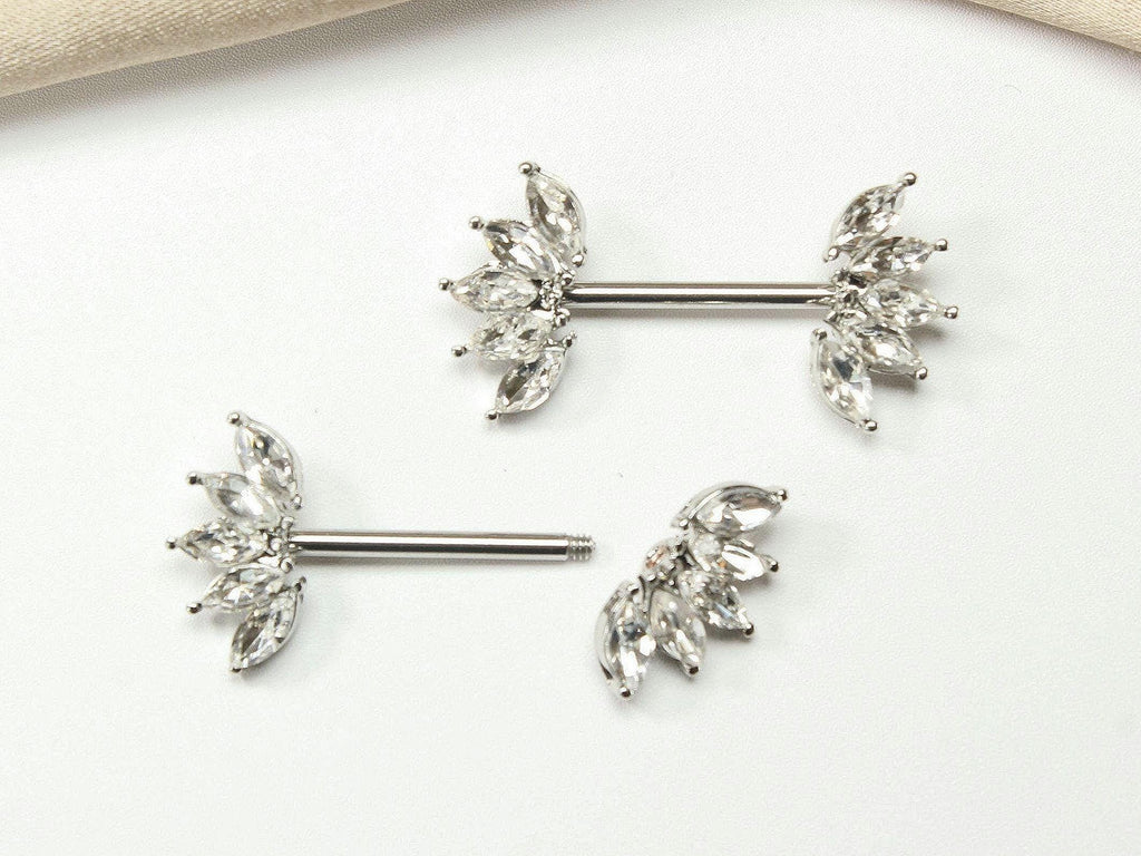 14G Silver Nipple Ring with Sparkling Marquise Crystal End, Elegant Floral Nipple Piercing Jewelry