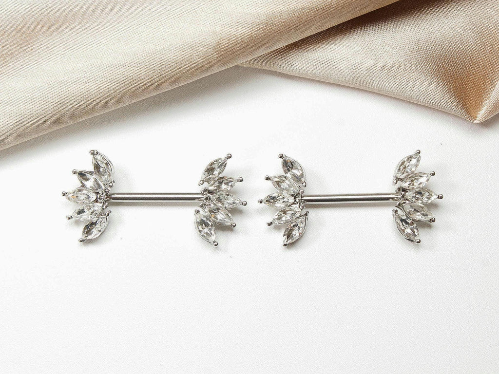 14G Silver Nipple Ring with Sparkling Marquise Crystal End, Elegant Floral Nipple Piercing Jewelry