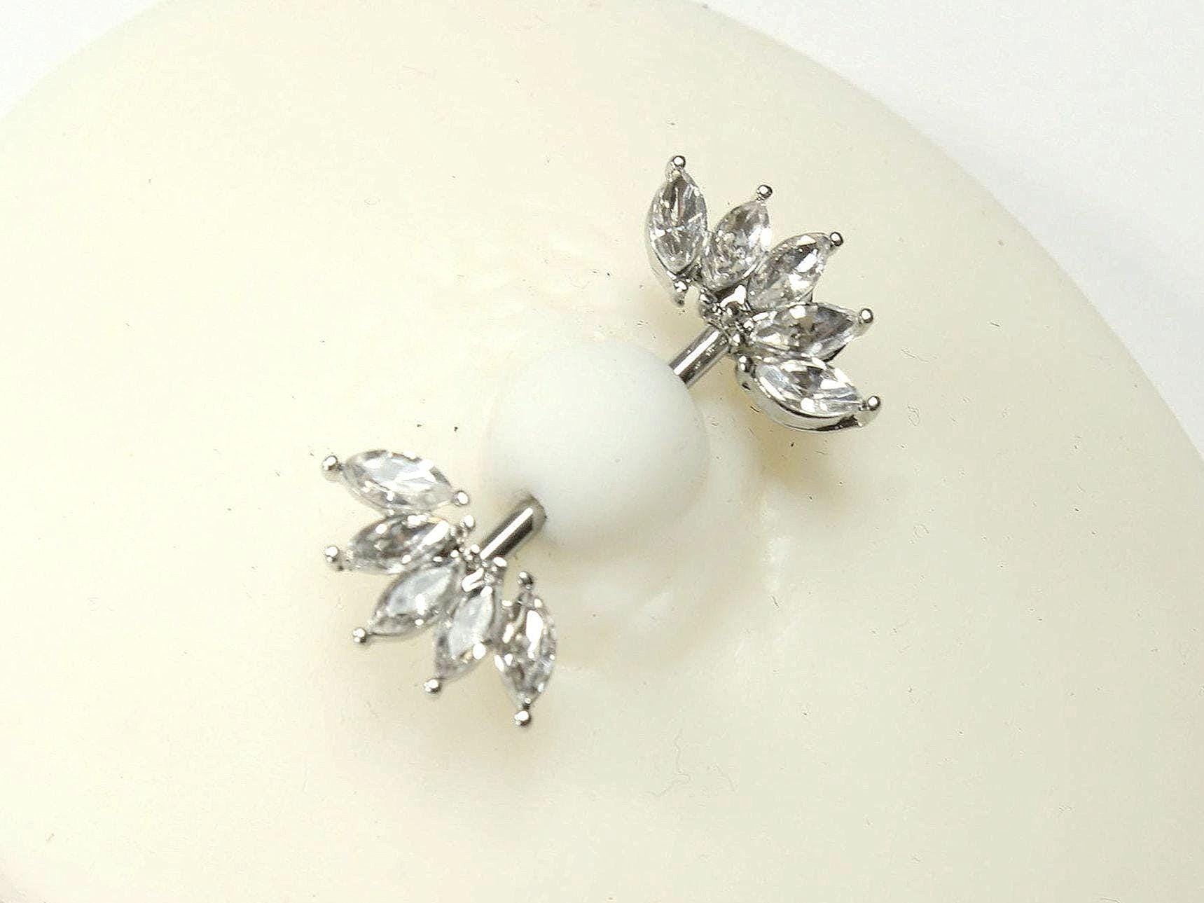 14G Silver Nipple Ring with Sparkling Marquise Crystal End, Elegant Floral Nipple Piercing Jewelry
