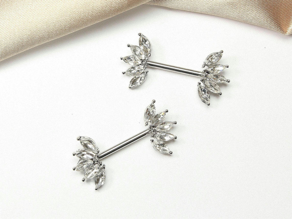 14G Silver Nipple Ring with Sparkling Marquise Crystal End, Elegant Floral Nipple Piercing Jewelry