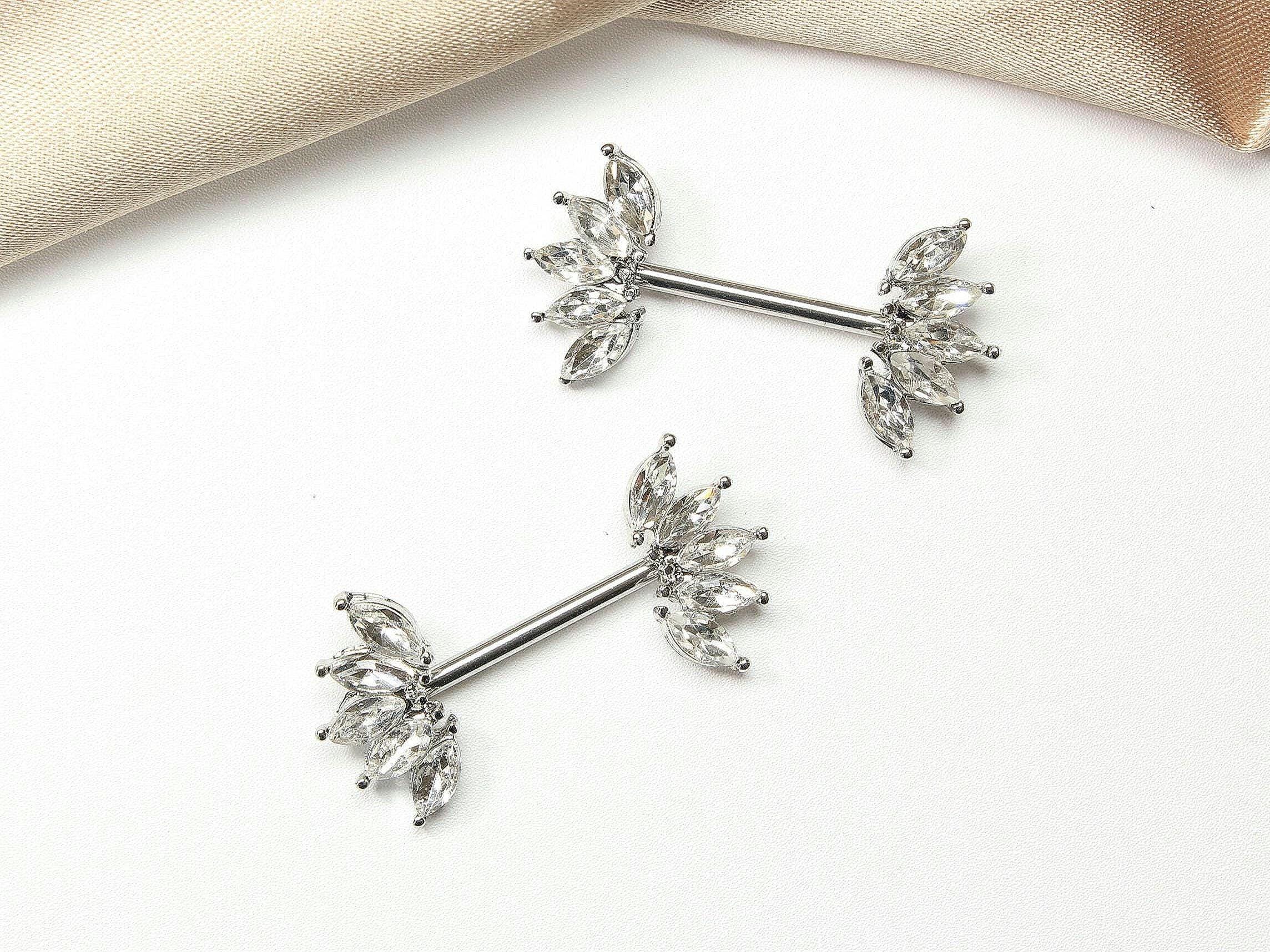 14G Silver Nipple Ring with Sparkling Marquise Crystal End, Elegant Floral Nipple Piercing Jewelry