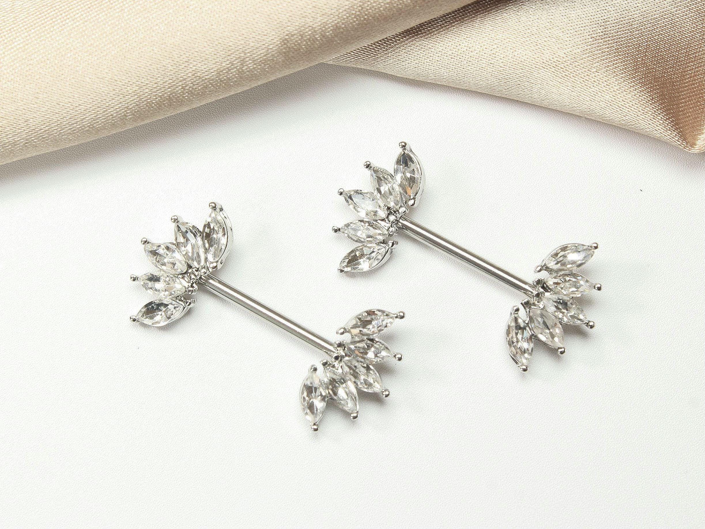 14G Silver Nipple Ring with Sparkling Marquise Crystal End, Elegant Floral Nipple Piercing Jewelry
