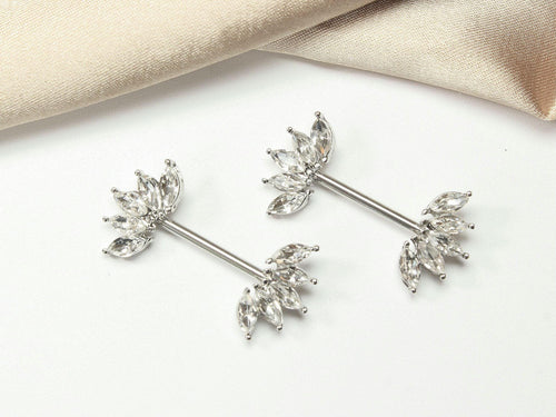 14G Silver Nipple Ring with Sparkling Marquise Crystal End, Elegant Floral Nipple Piercing Jewelry