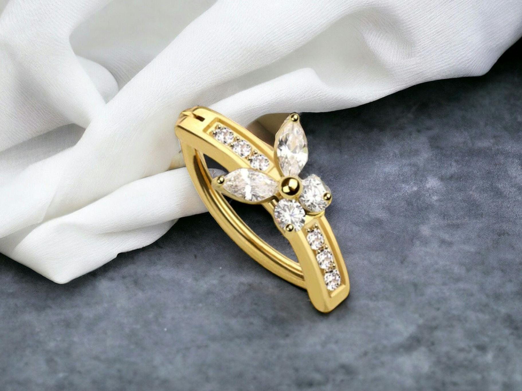 Gold Butterly Belly Button Clicker, Clear Gems Hinged Belly Button Clicker, 14G Navel Segment Piercing Ring
