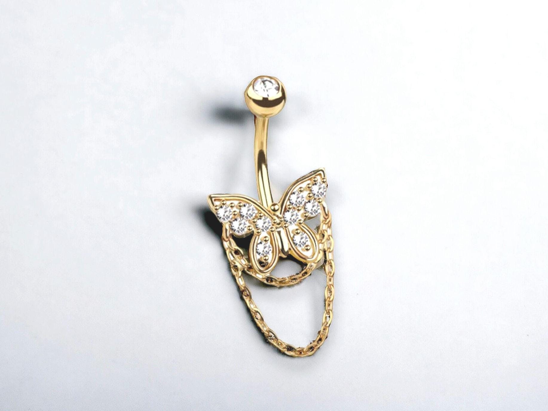 Gold Butterfly Belly Button Ring, 14G Butterfly Dangling Chain Gem Belly Button Ring Piercing, Navel Ring Body Piercing Jewelry