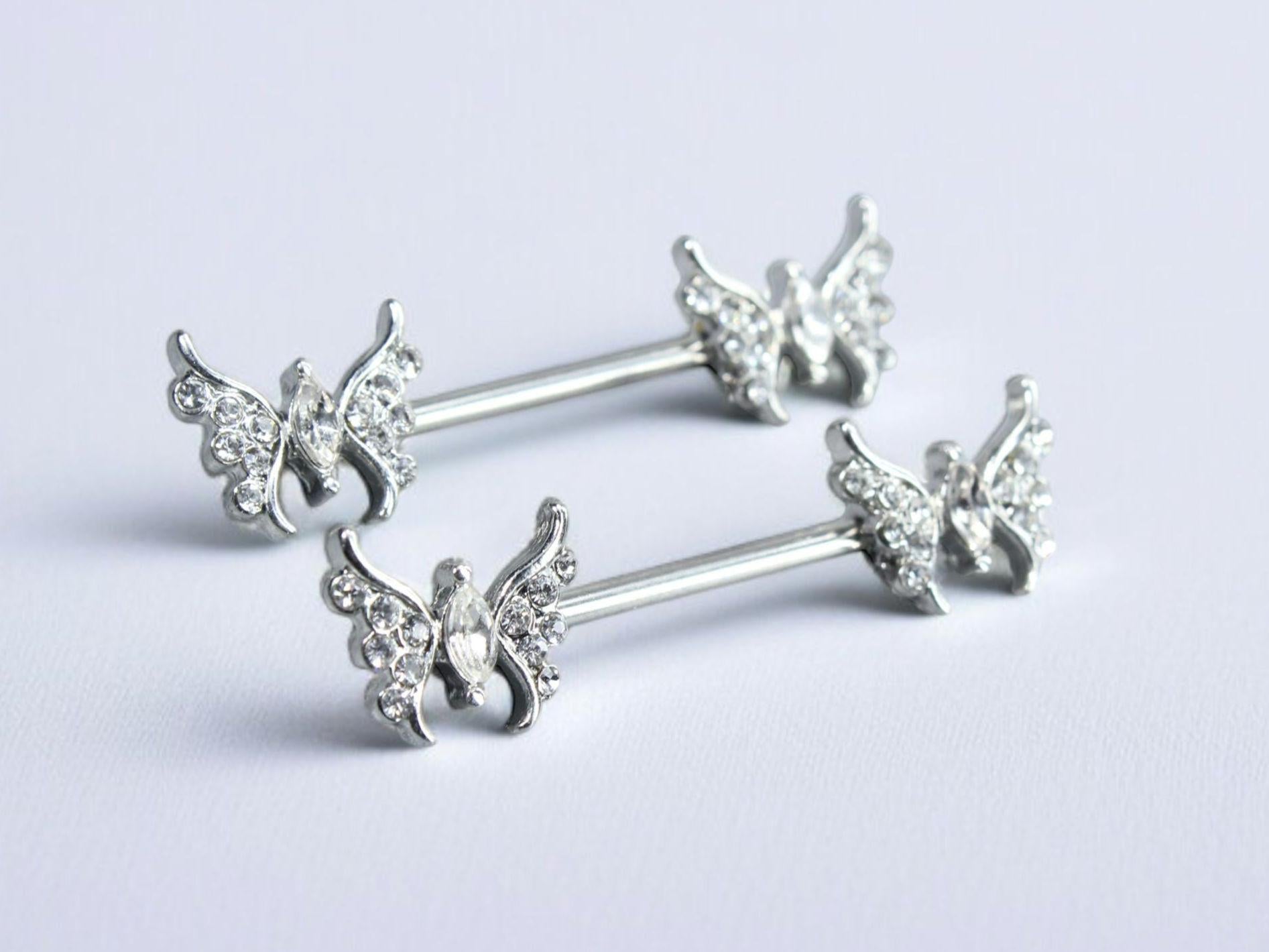 14G Silver Butterfly Nipple Barbell Jewelry, Sparkly CZ Gem Decor, Set of 2 Nipple Piercing Barbells, Personalized Nipple Ring Jewelry