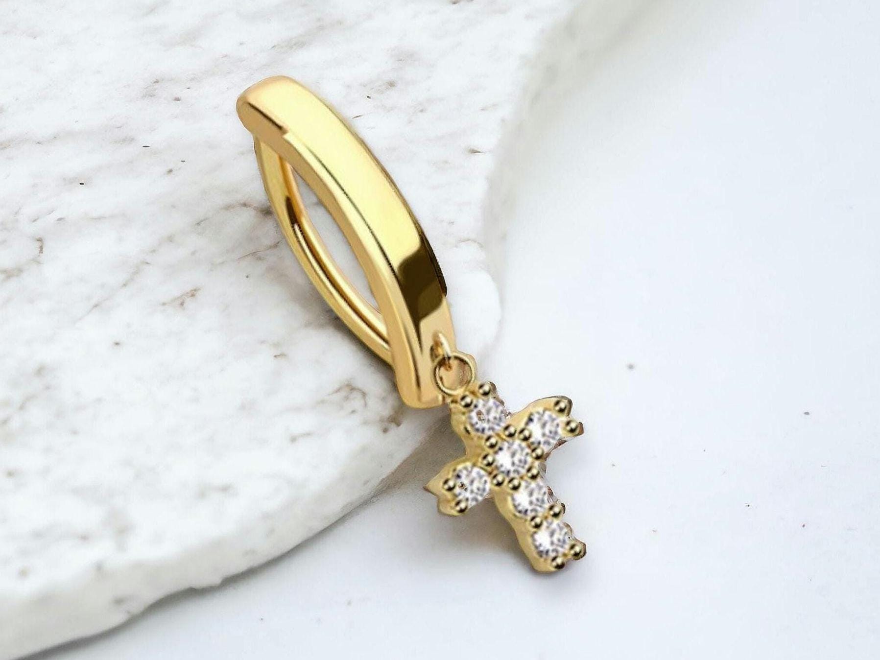 14G Cross Belly Clicker Ring, Sparkle Gem Decor Dangling Gold Cross Belly Button Piercing, Everyday Comfortable Wear Navel Piercing Ring