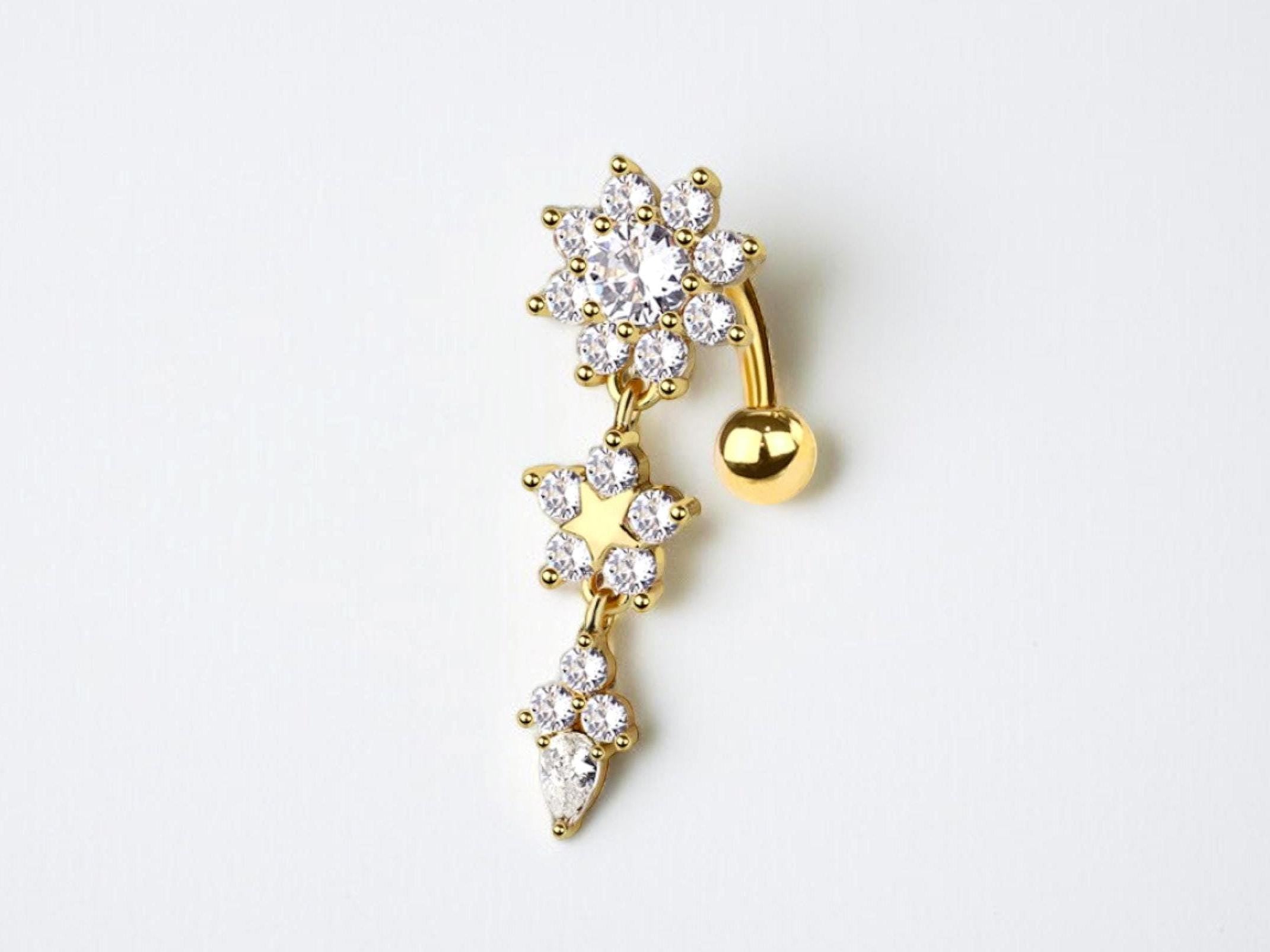14G Floral Reverse Belly Ring, CZ Flower Reverse Top Down Navel Piercing Jewelry, Dangle Belly Button Ring