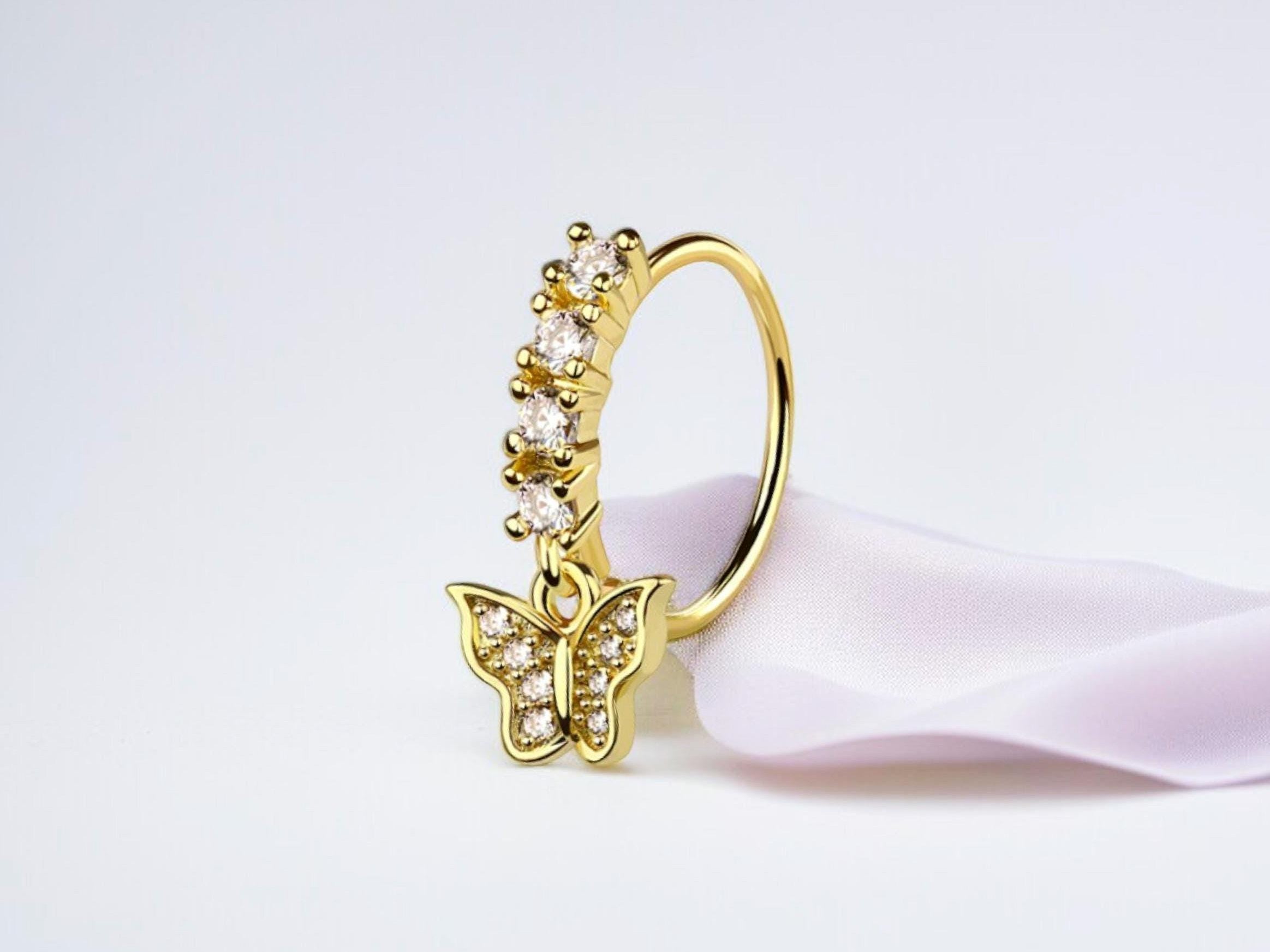 Cute Gold Dangling Butterfly Gem Nose Hoop Ring, Gem Simple Style Decor Bendable Nose Piercing Hoop Ring,Nose Cartilage Piercing Hoop Ring