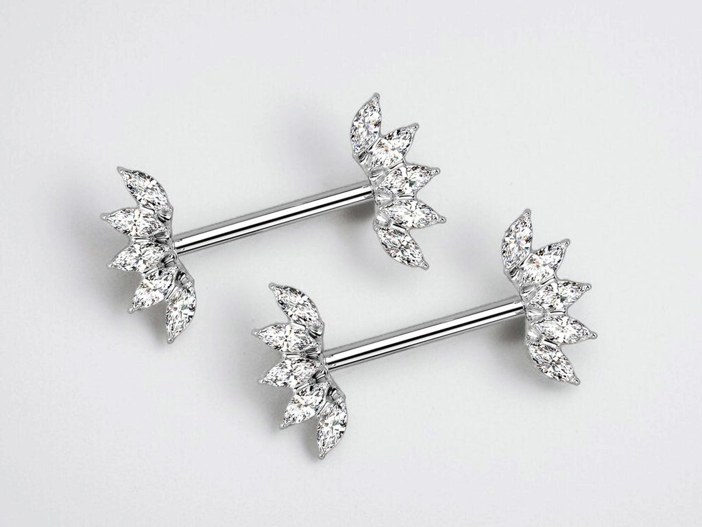 14G Silver Nipple Ring with Sparkling Marquise Crystal End, Elegant Floral Nipple Piercing Jewelry