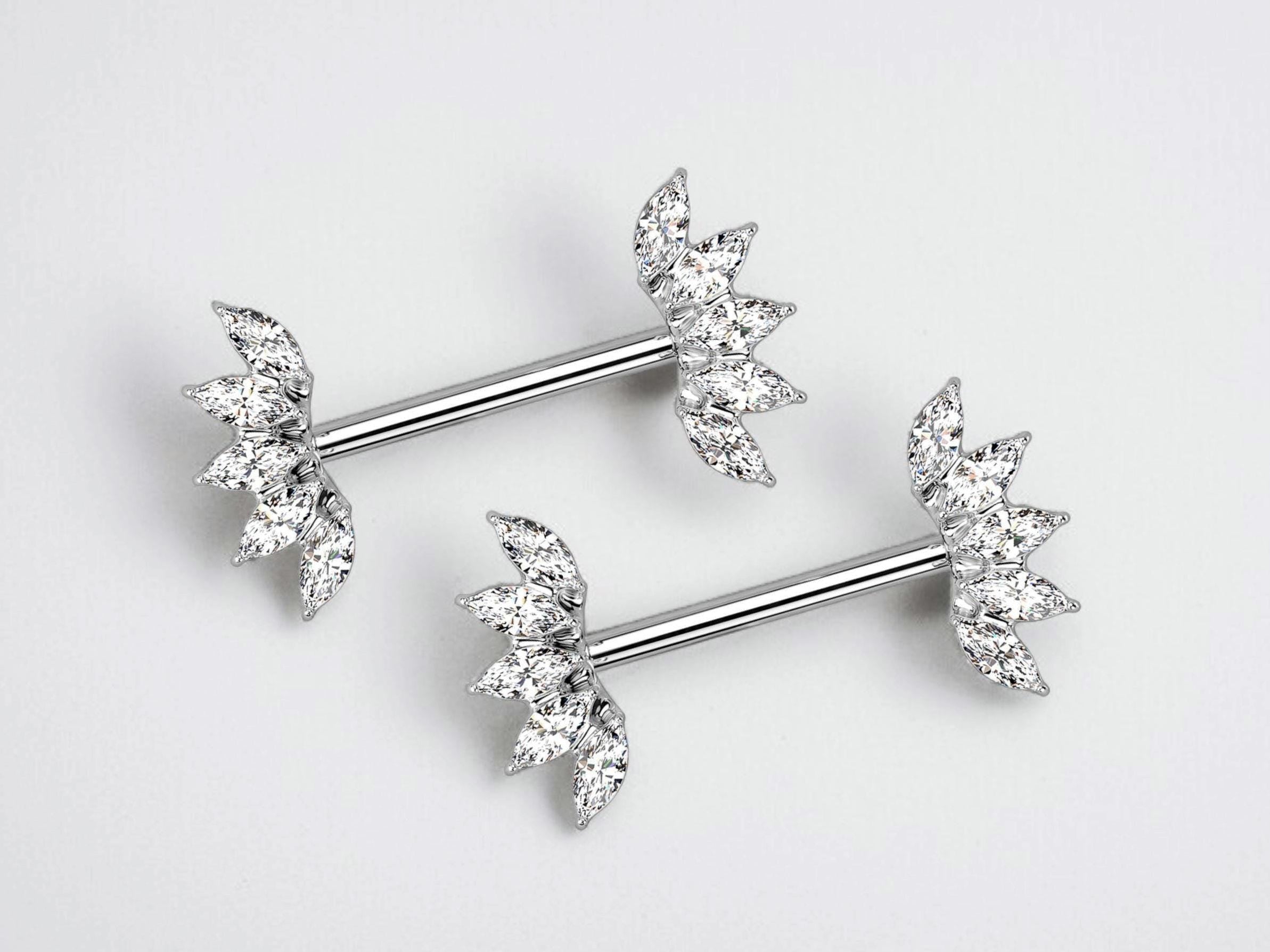 14G Silver Nipple Ring with Sparkling Marquise Crystal End, Elegant Floral Nipple Piercing Jewelry