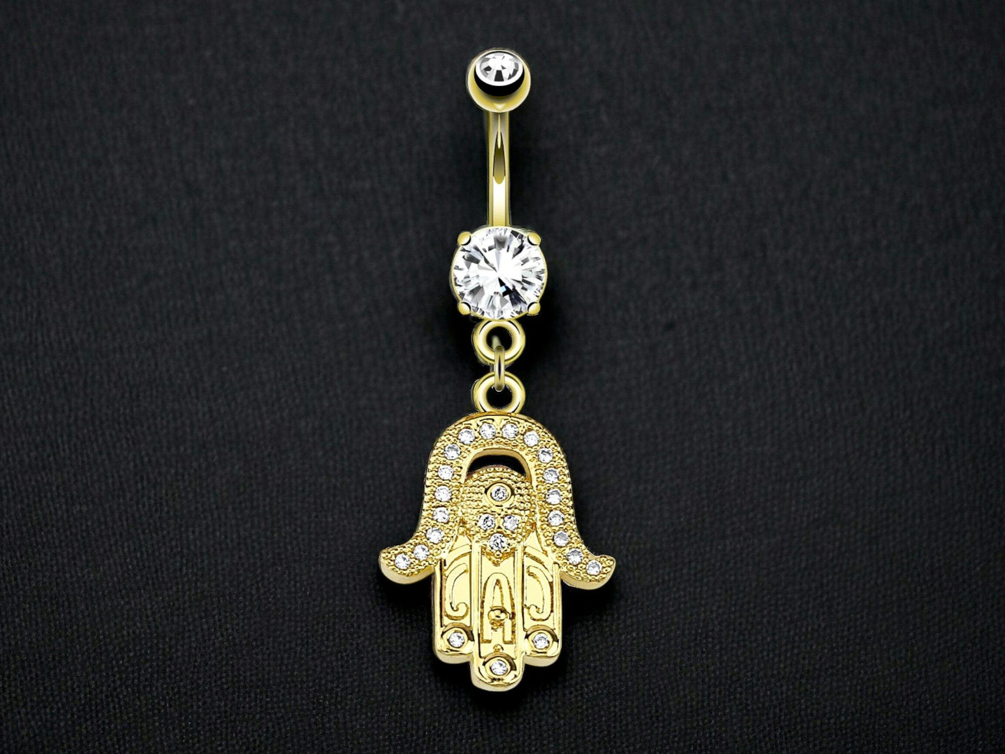 Gold Hamsa Charm Belly Ring, 14G Dangling Belly Button Piercing, Navel Ring Jewelry
