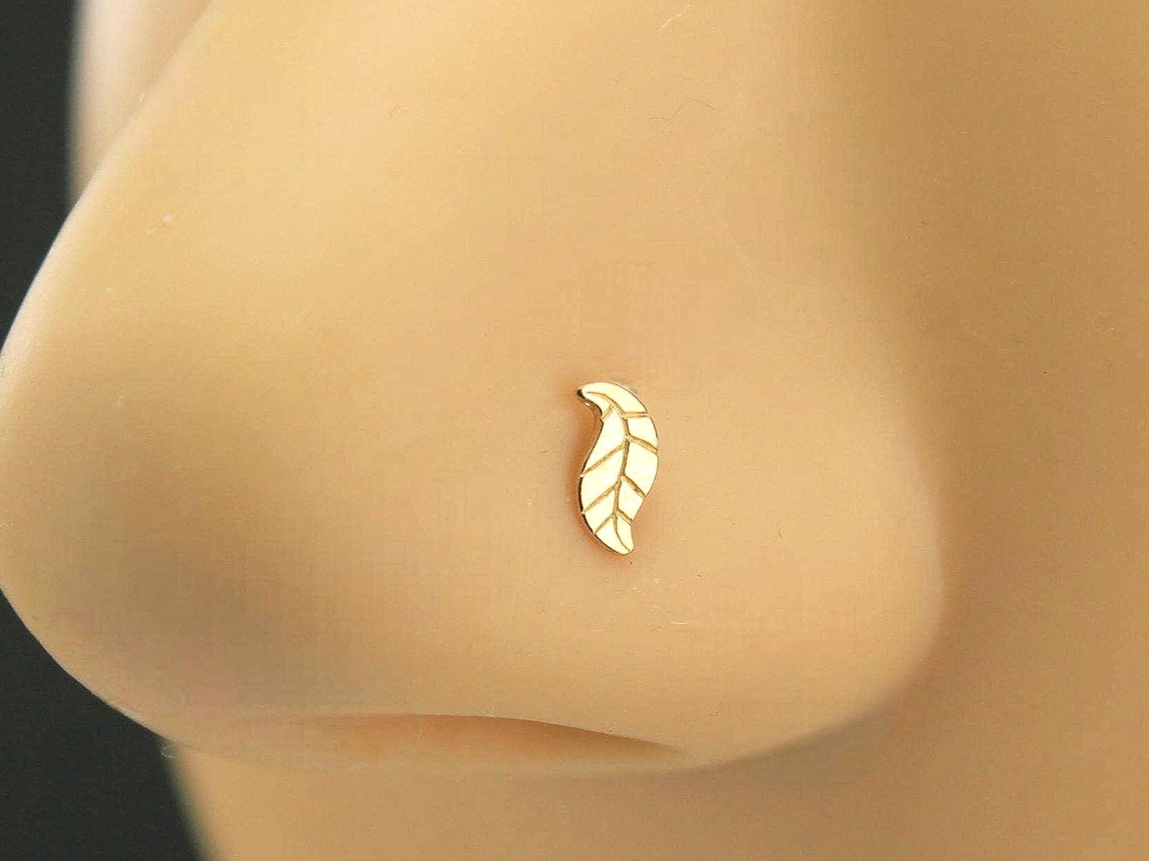 14K Gold Leaf Nose Stud, 20G Dainty Nose Pin with Ball End, Delicate Plant Theme Nose Jewelry