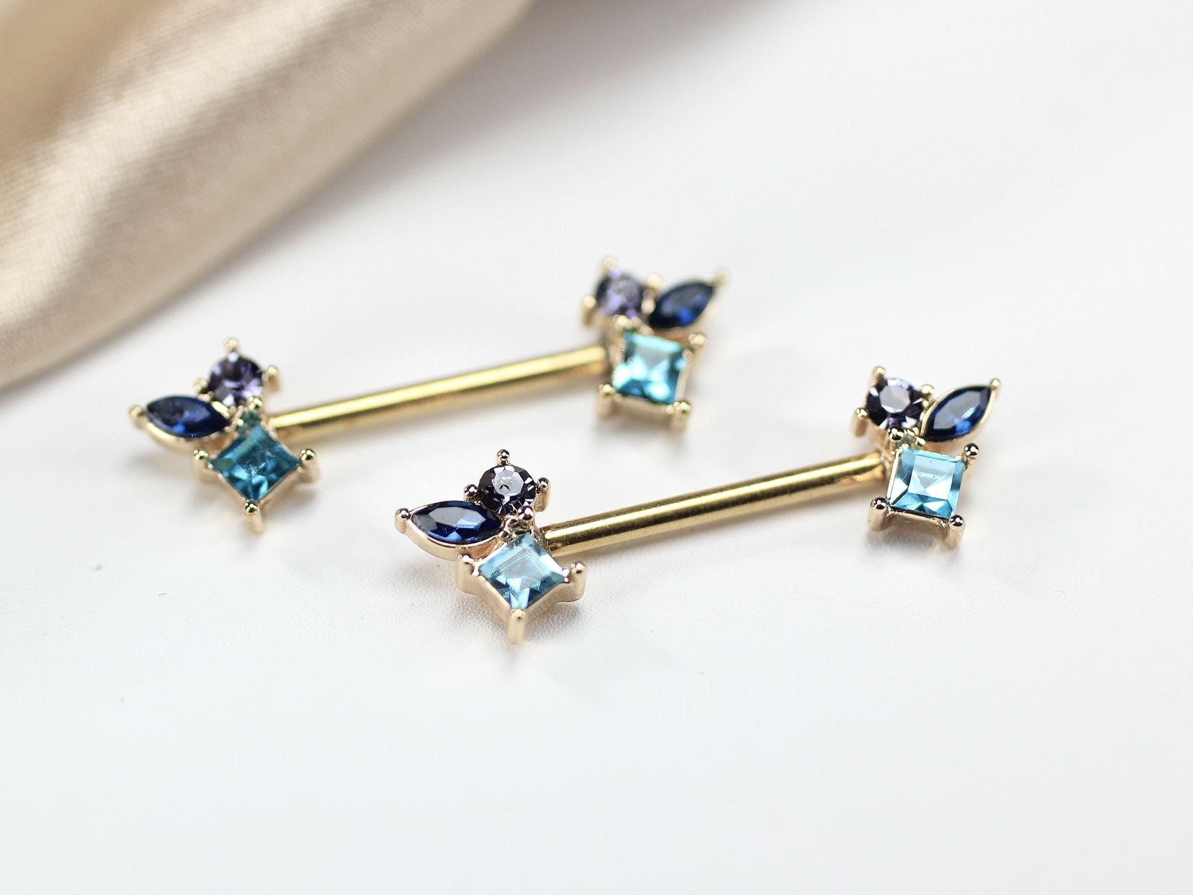 Colorful Sparkly Gem Nipple Piercing Ring,  14g Gold Nipple Barbell, Simple Multicolor CZ Nipple Piercing Jewelry, Nipple Jewelry