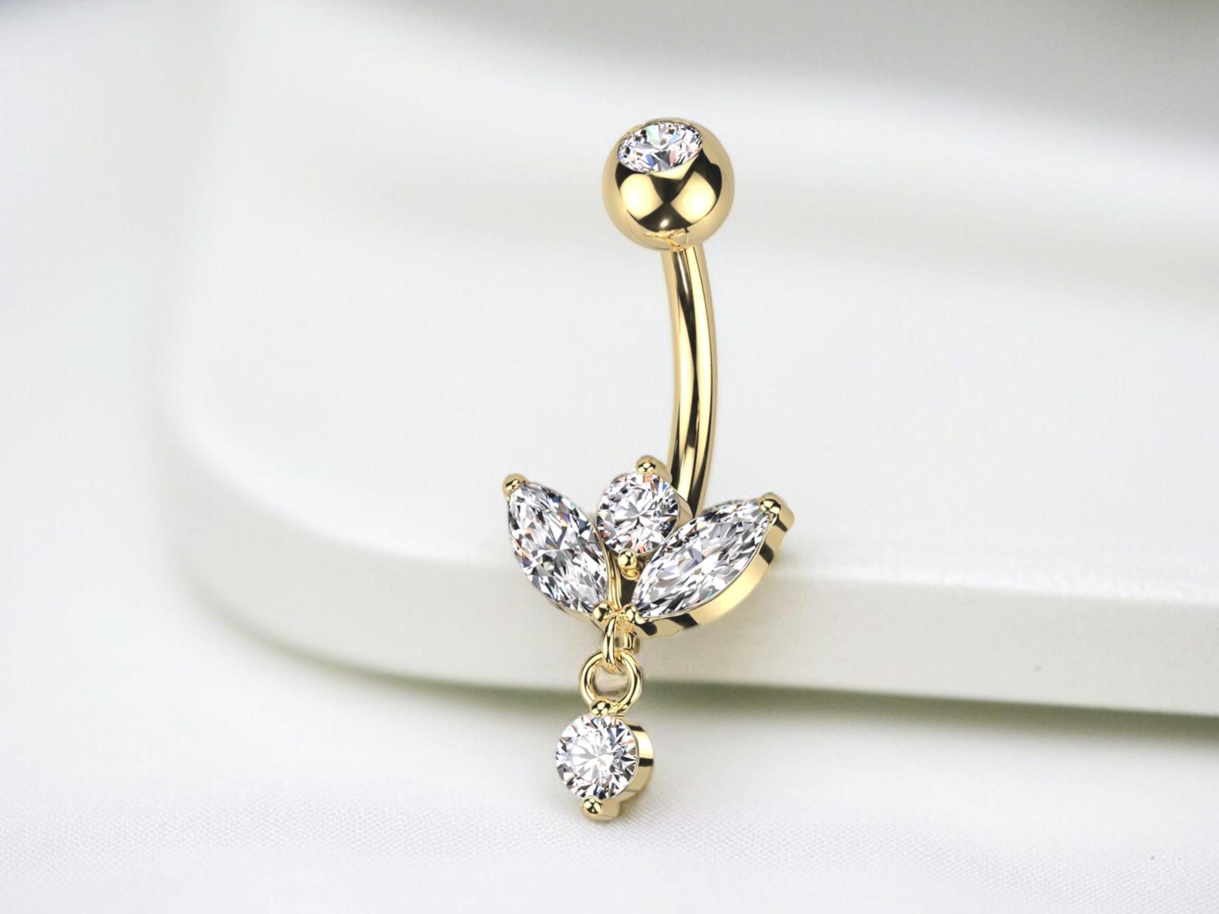 14G Gold Dangling Clear Marquise Gems Belly Button Ring, Navel Ring, Dangle Belly