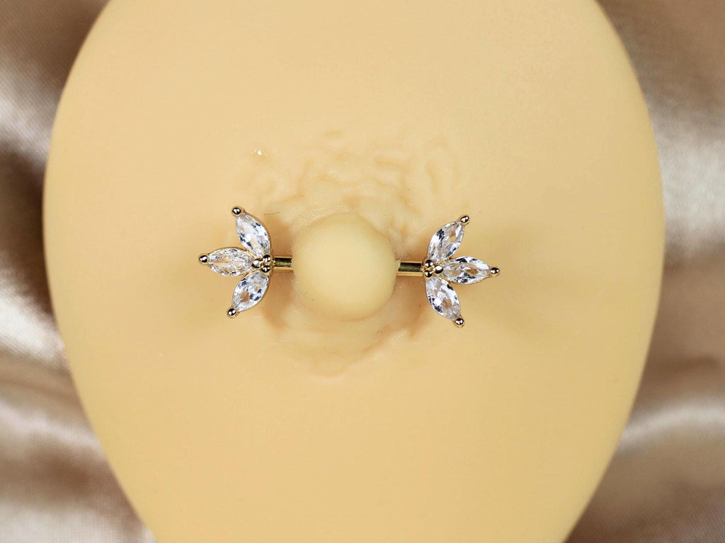 Gold Marquise Leaf Nipple Barbell Pair, 14g Floral Petal Gem Nipple Piercing Jewelry, Aesthetic Gold Body Jewelry