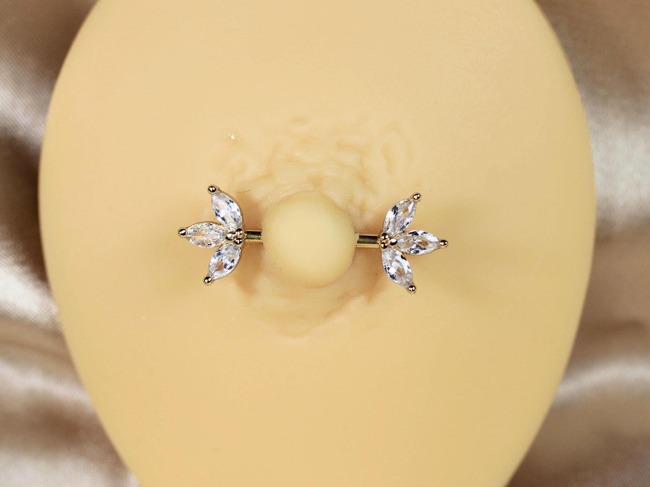 Gold Marquise Leaf Nipple Barbell Pair, 14g Floral Petal Gem Nipple Piercing Jewelry, Aesthetic Gold Body Jewelry