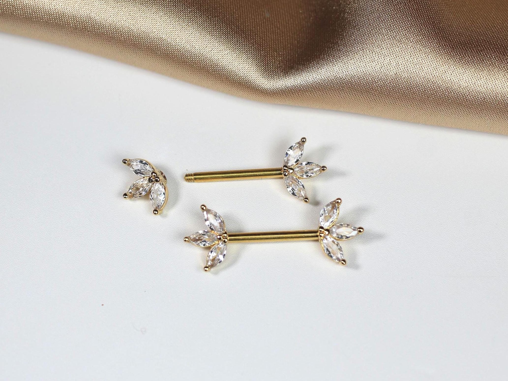 Gold Marquise Leaf Nipple Barbell Pair, 14g Floral Petal Gem Nipple Piercing Jewelry, Aesthetic Gold Body Jewelry