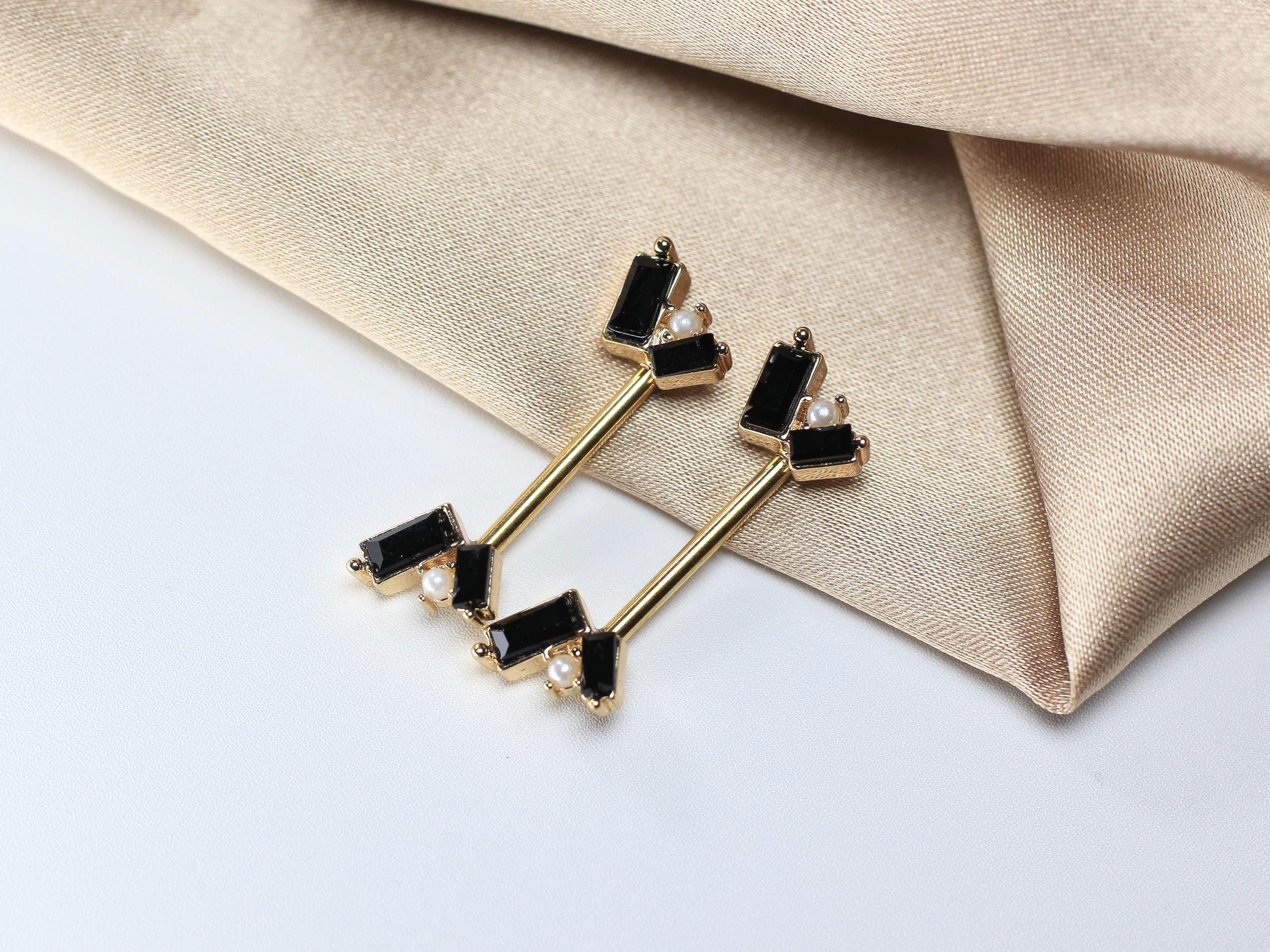 Black Baguette Nipple Piercing Ring,  14g Gold Nipple Barbell, Simple Pearl & Black Sparkly Gem Nipple Piercing Jewelry, Custom Body Jewelry