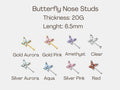 20g Butterfly Top Nose Stud, Daily Wear Dainty Butterfly Nose Piercing Stud
