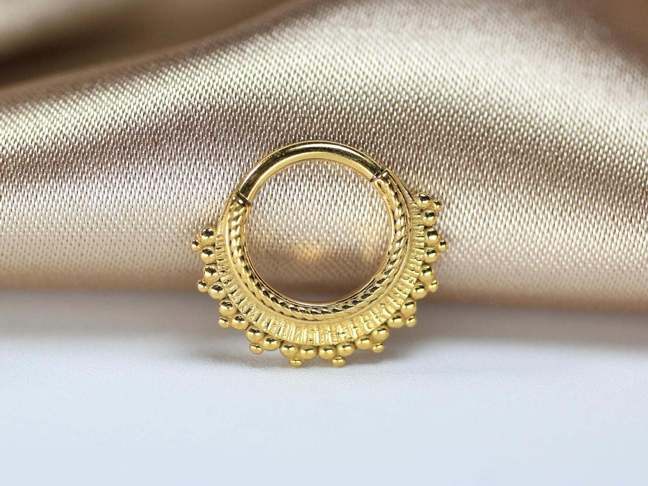 Gold Beaded Fan Septum Ring, 16g Tribal Septum Clicker Ring, Ethnic Boho Body Jewelry