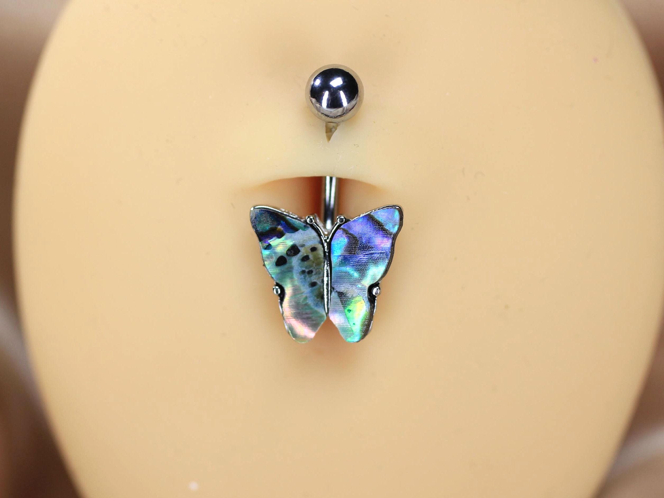 14G Abalone Shell Belly Button Ring, Butterfly Navel Piercing Jewelry, Gold Silver Body Piercing Jewelry