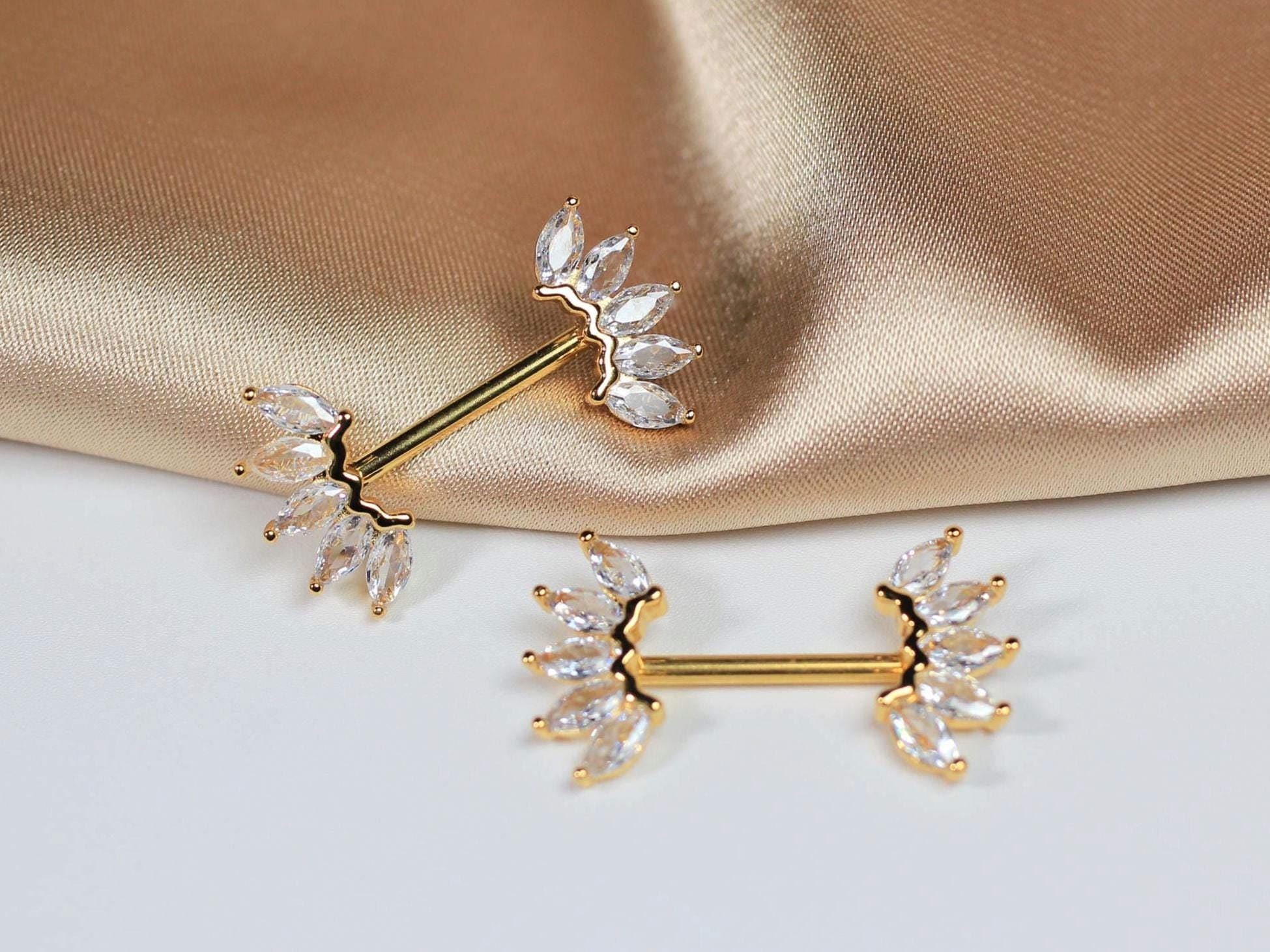 14G Gold Nipple Barbell, Sparkling Floral Marquise Nipple Ring Jewelry, Pair of Nipple Piercing, Body Jewelry