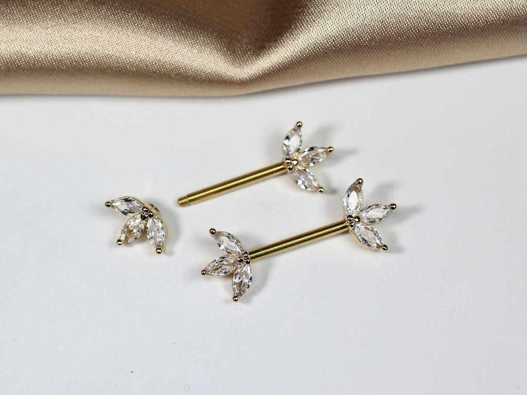 Gold Marquise Leaf Nipple Barbell Pair, 14g Floral Petal Gem Nipple Piercing Jewelry, Aesthetic Gold Body Jewelry