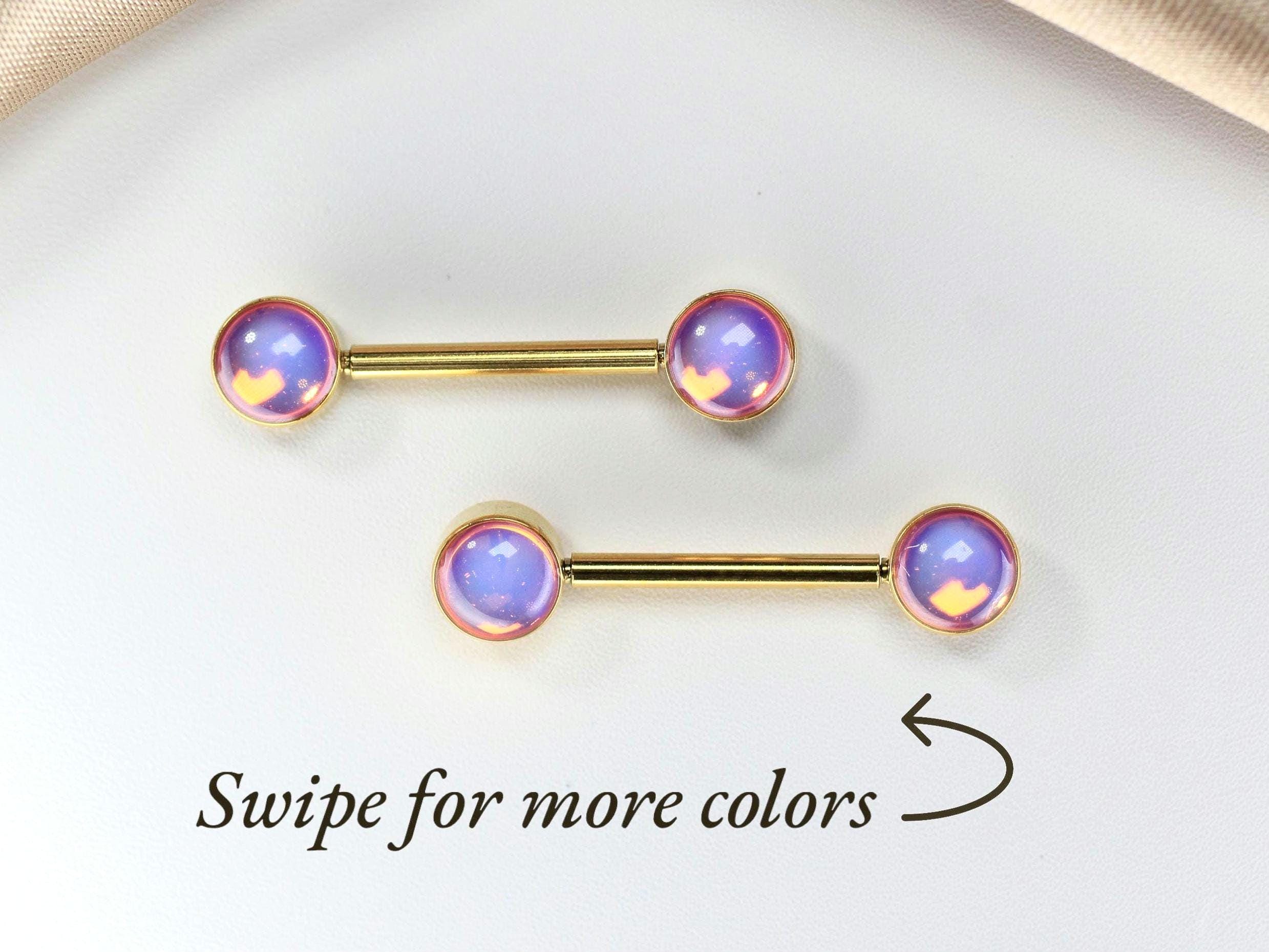 14G Threadless Push In Nipple Barbell, Iridescent Multicolor Round End, Gold Nipple Piercing Jewelry