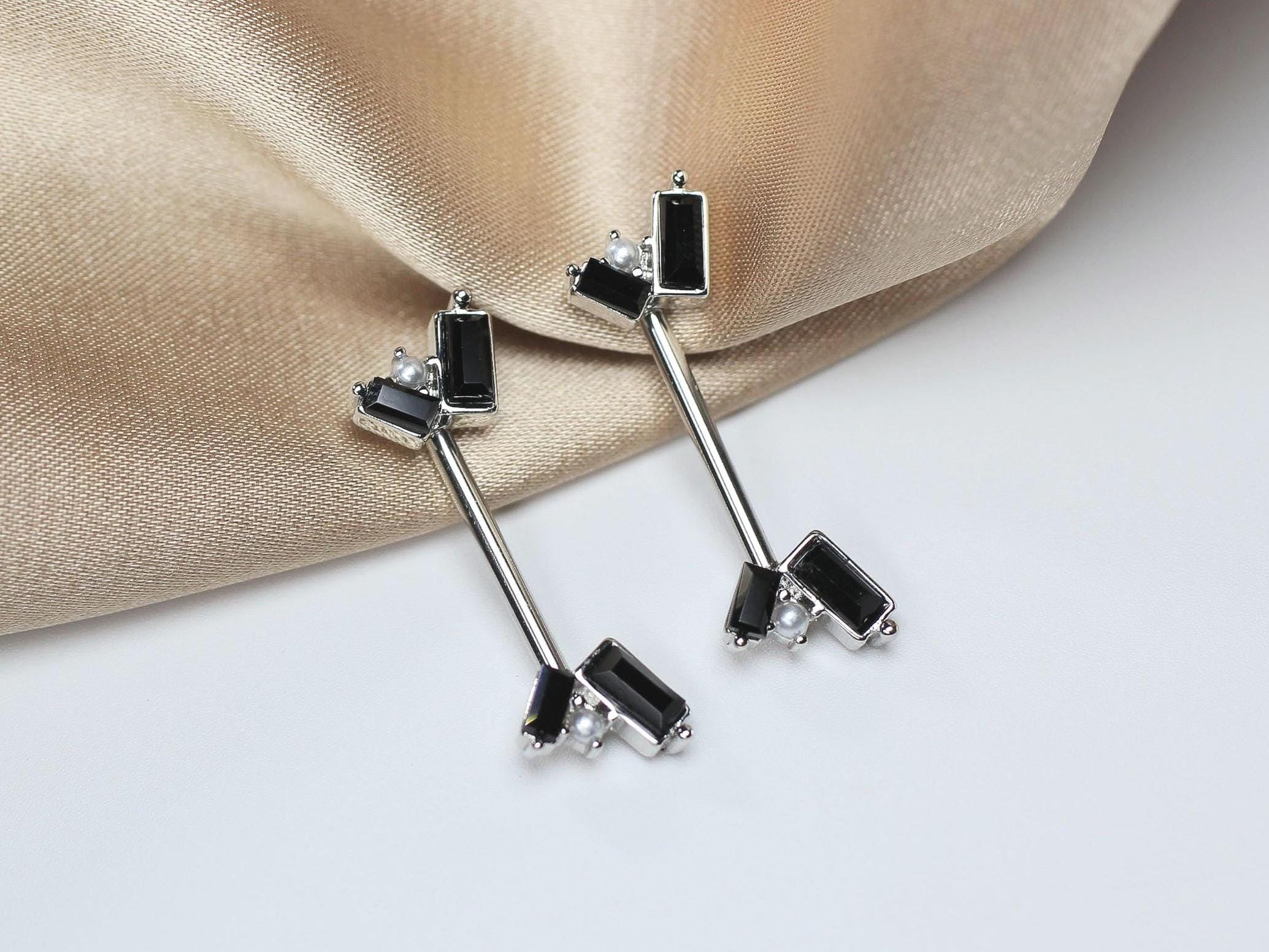 Black Baguette Nipple Piercing Ring,  14g Silver Nipple Barbell, Simple Pearl & Black Sparkly Gem Nipple Piercing Jewelry, Body Jewelry