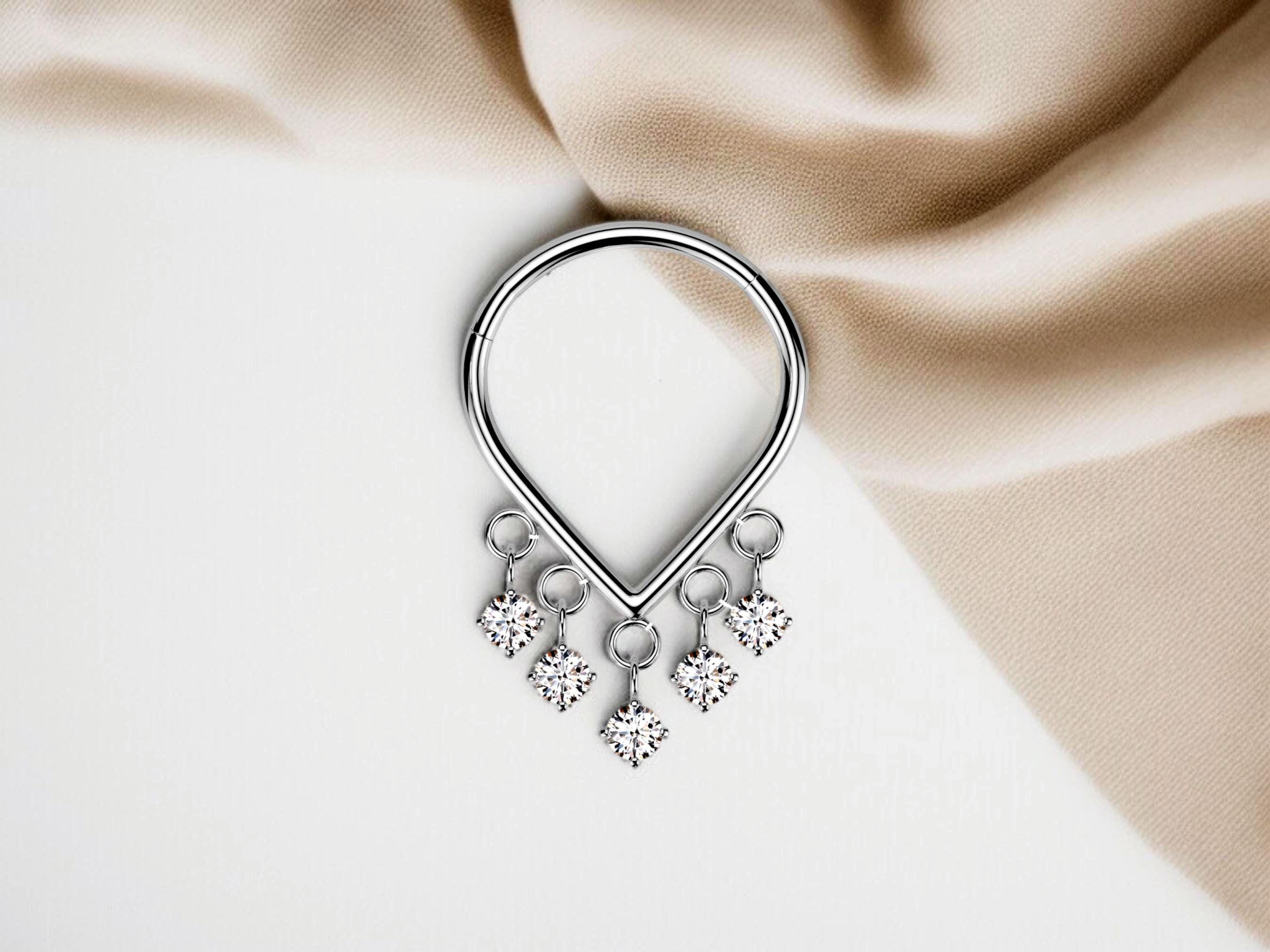 Titanium Septum Clicker Ring, Silver Dangling Clear Cz Gem Hinged Septum Ring, Nose Septum Piercing Jewelry